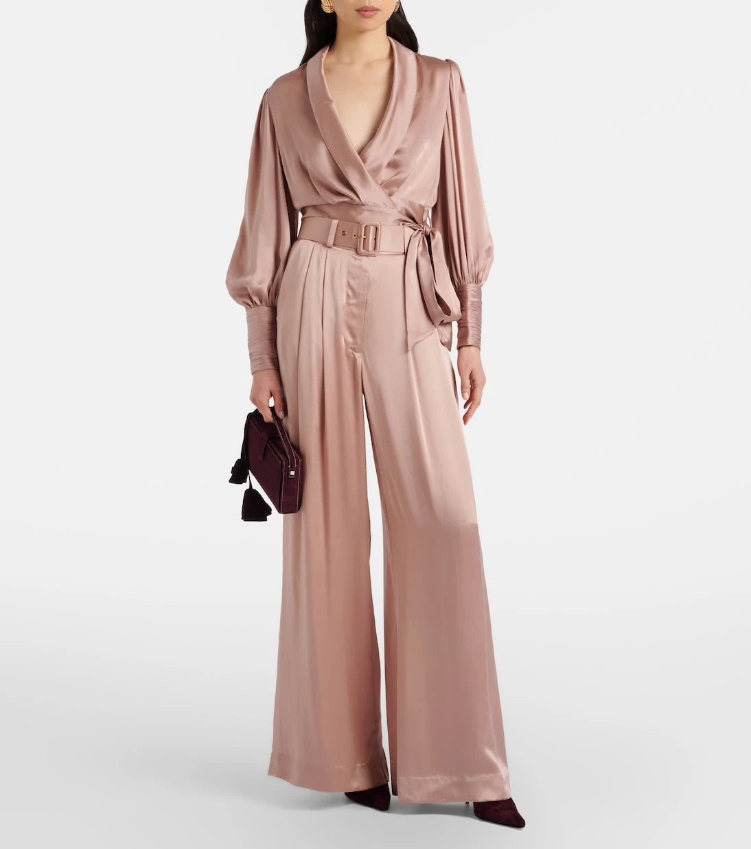 Zimmermann - Belted pleated silk satin wide-leg pants