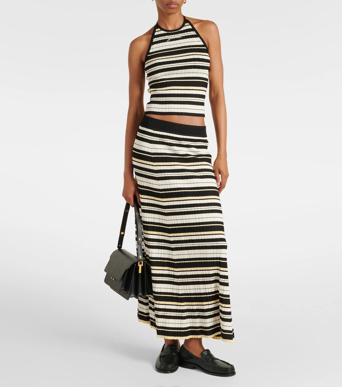 Ganni - Ribbed-knit striped midi skirt