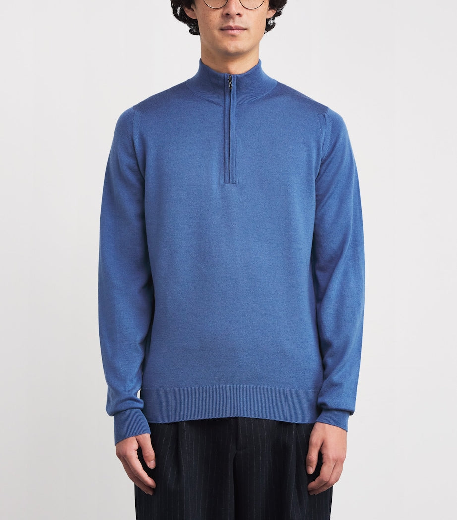 John Smedley Blue Extra Fine Merino Wool Half-Zip Tapton Sweater