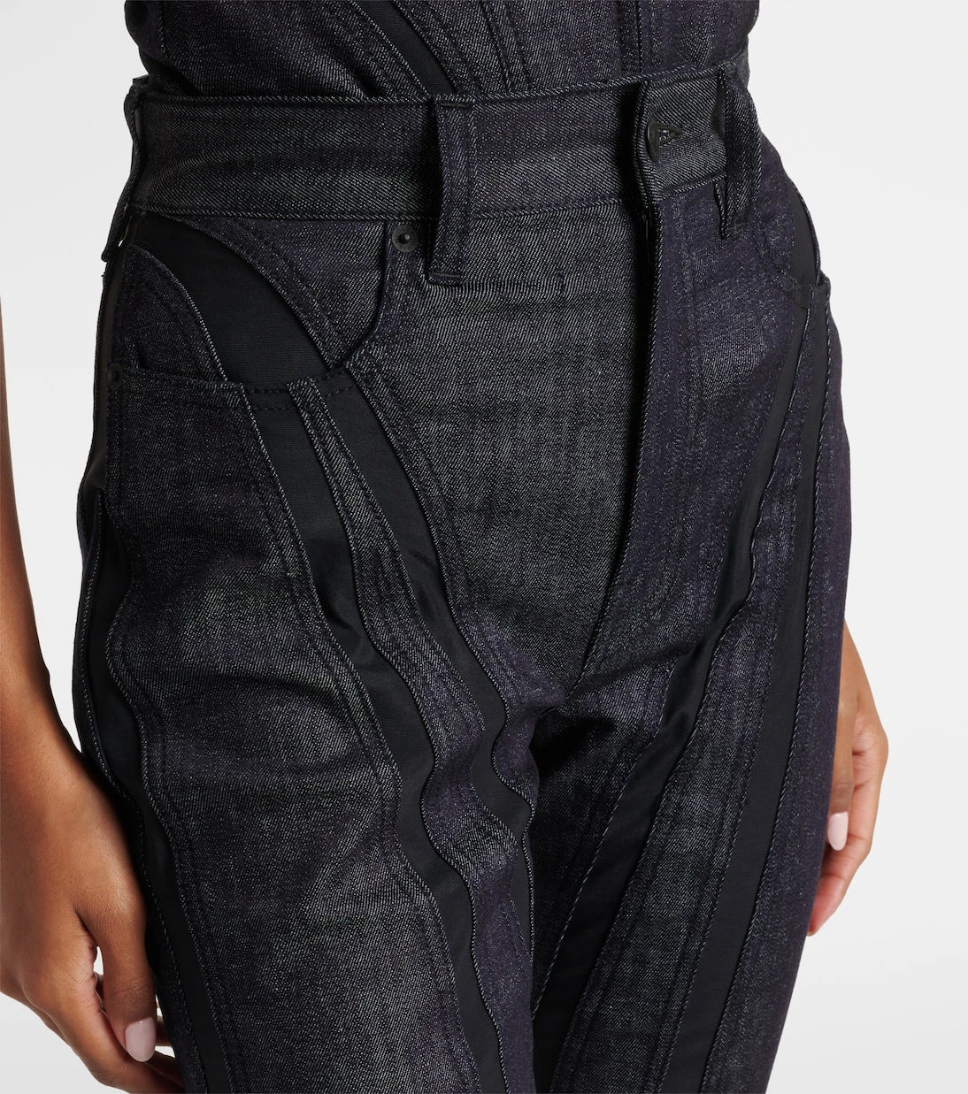 Mugler - Mesh-trimmed denim capri pants