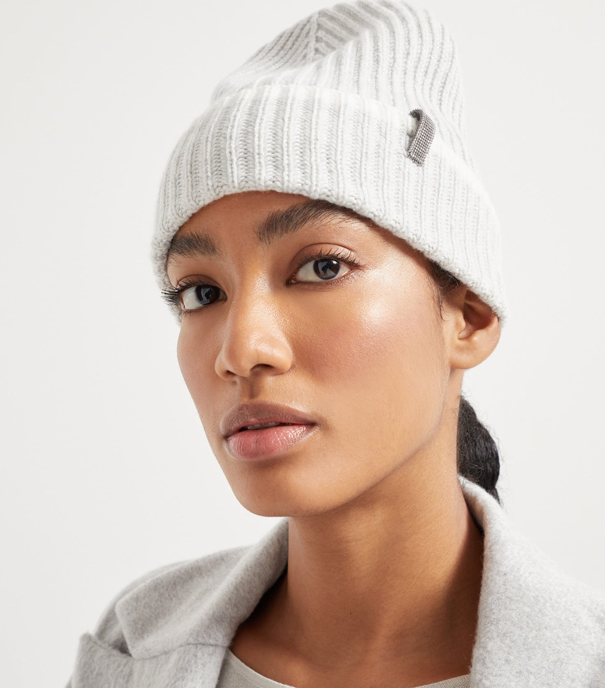 White Cashmere English Rib Knit Beanie