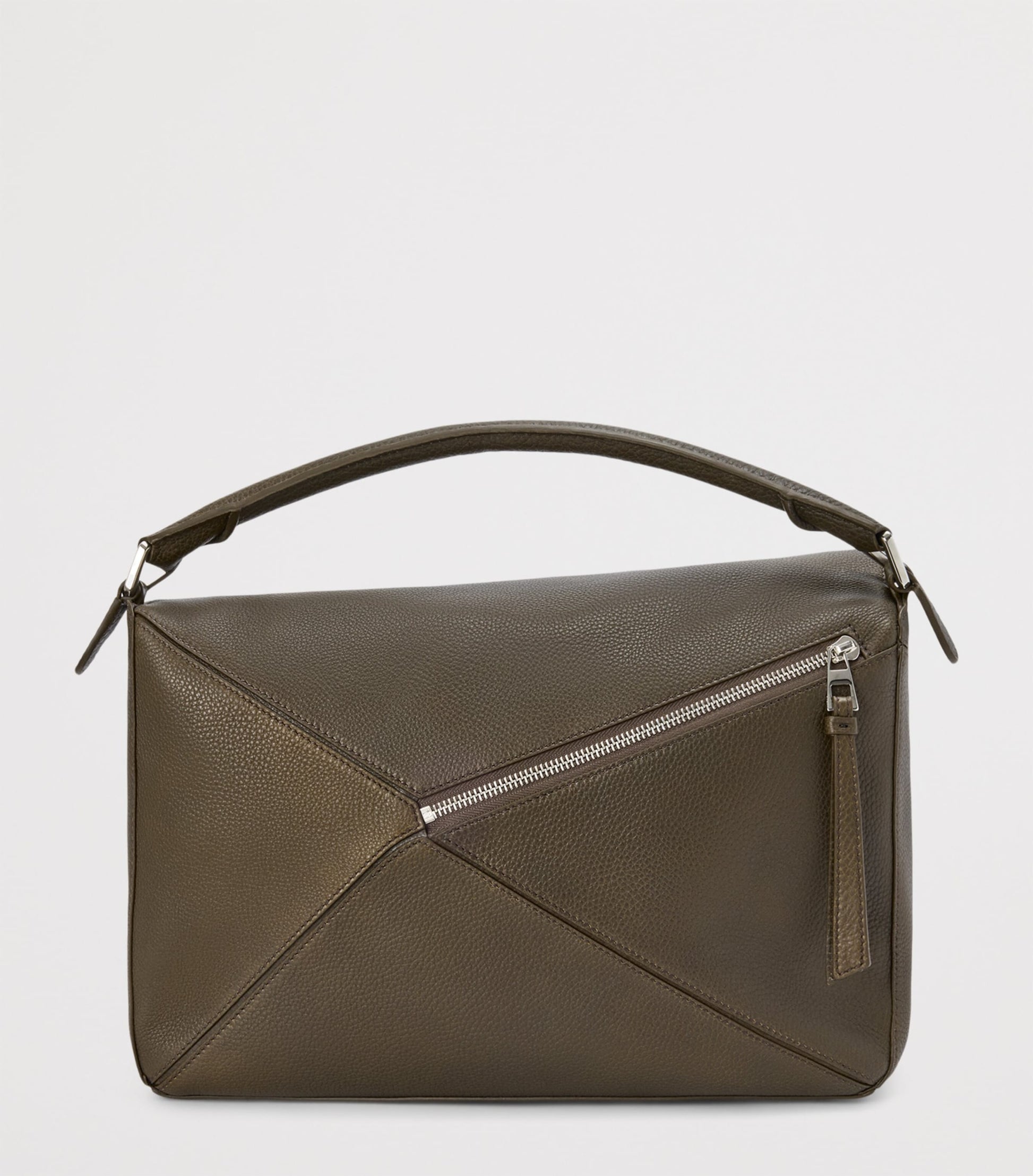 Grey Large Leather Puzzle Edge Top-Handle Bag