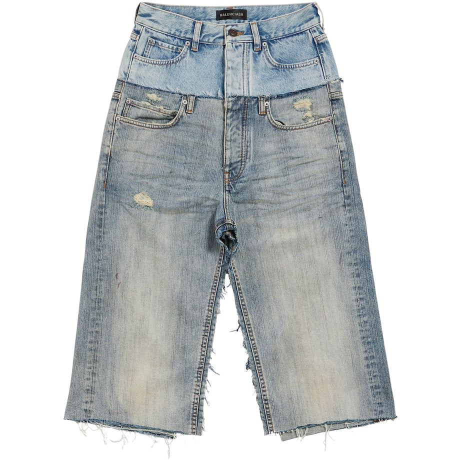 Blue Distressed Denim Midi Skirt