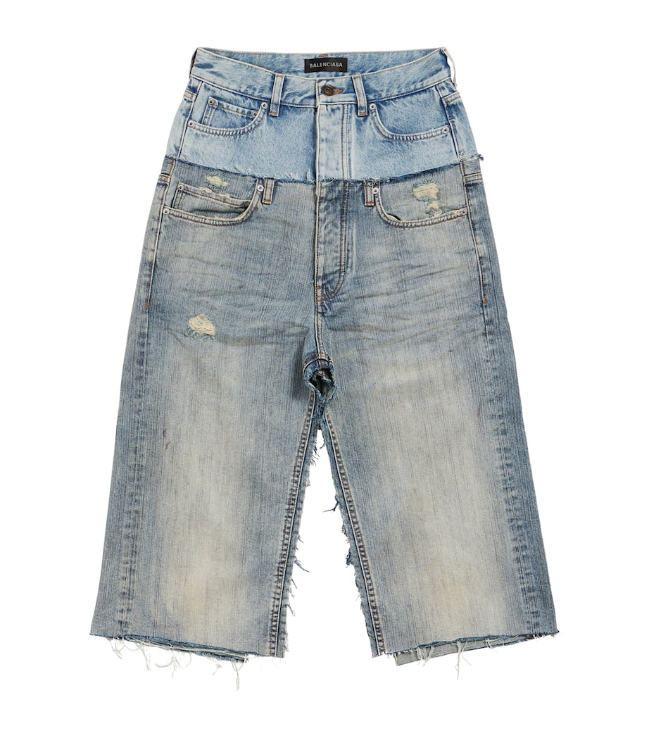 Blue Distressed Denim Midi Skirt