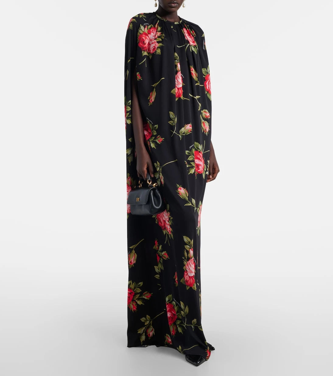 Dolce&Gabbana - فستان طويل من مزيج الحرير بتصميم كاب مزين بالزهور