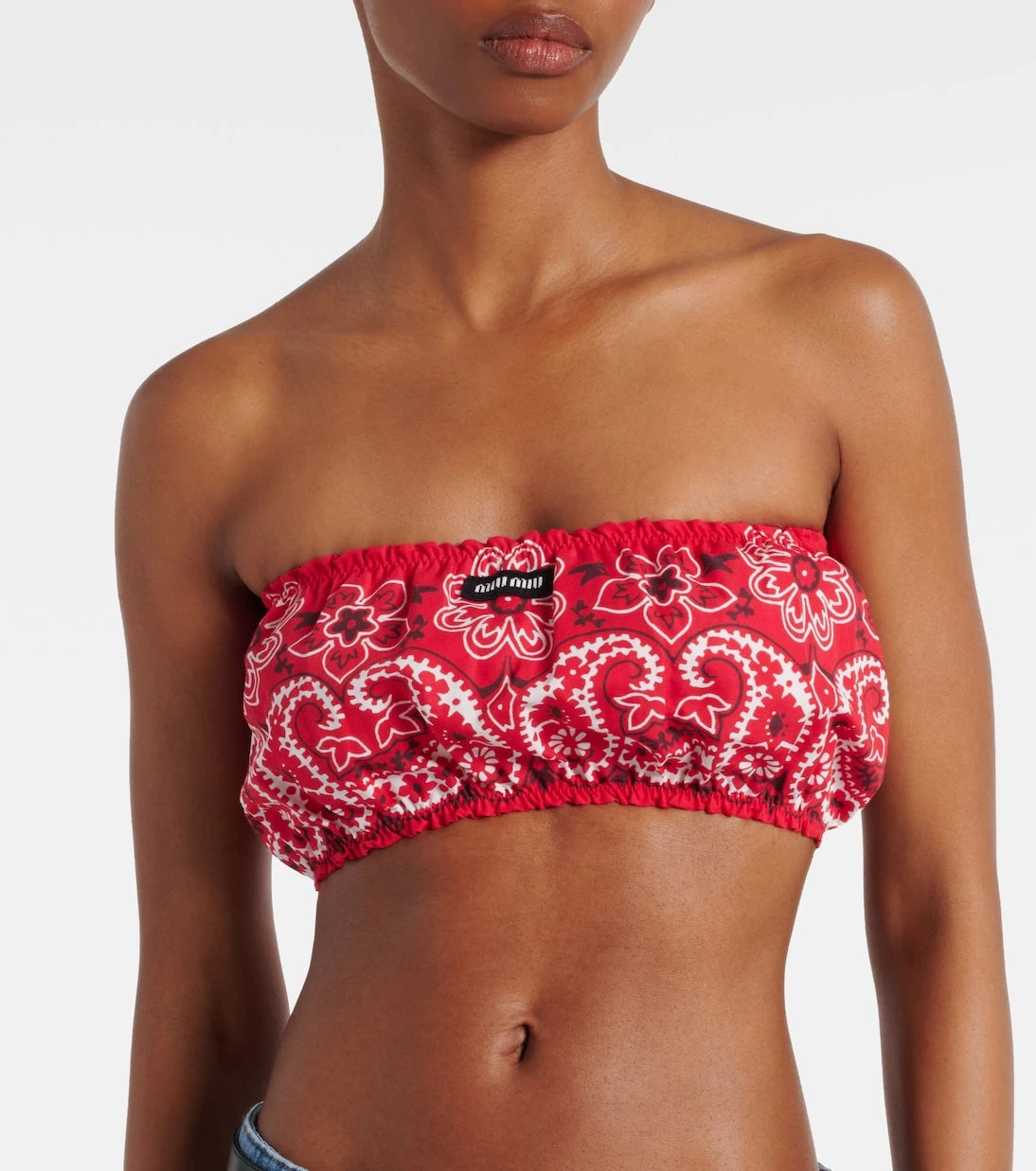 Miu Miu - Printed cotton and linen poplin bandeau top