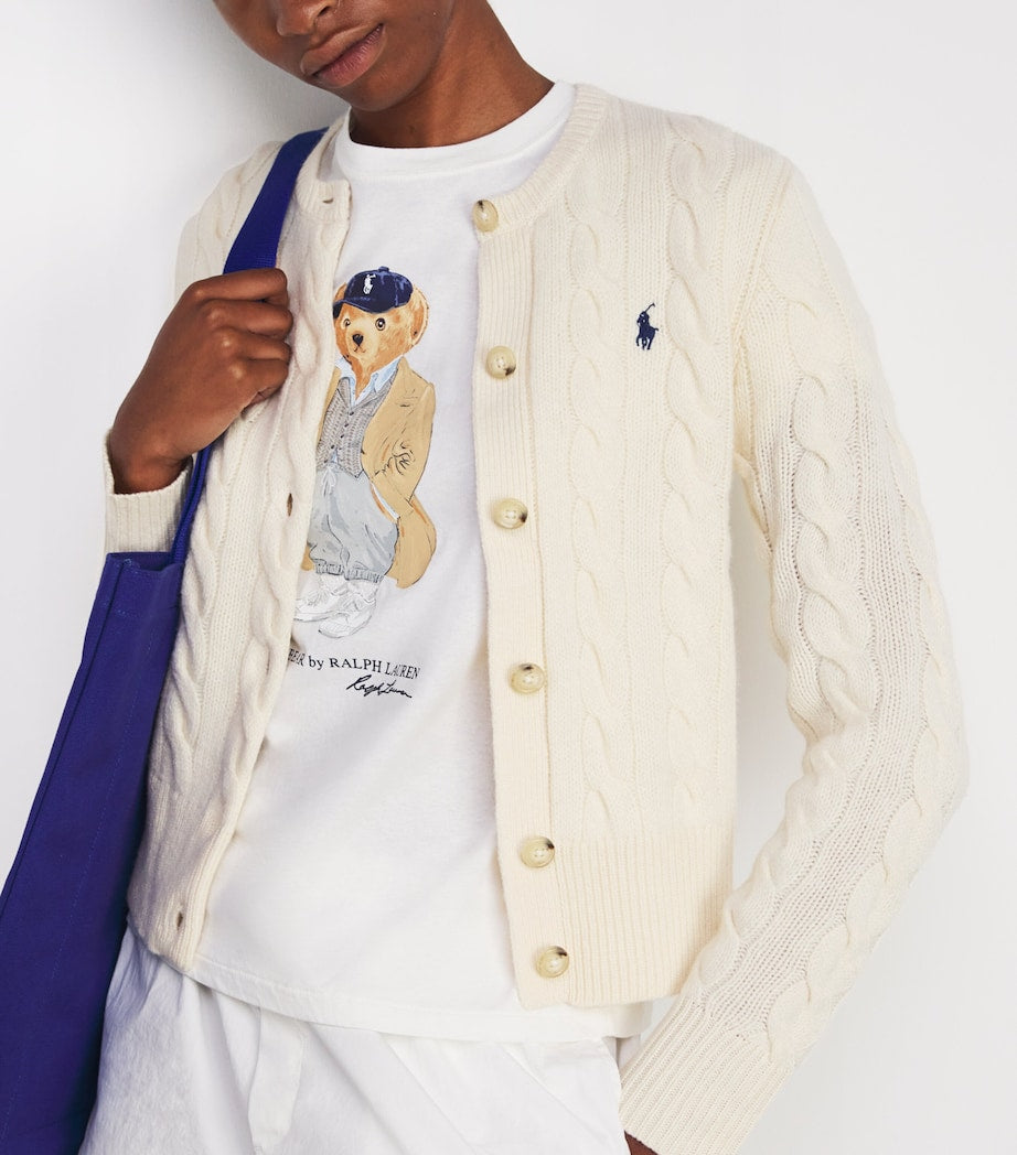 White Wool-Cashmere Cable Knit Cardigan