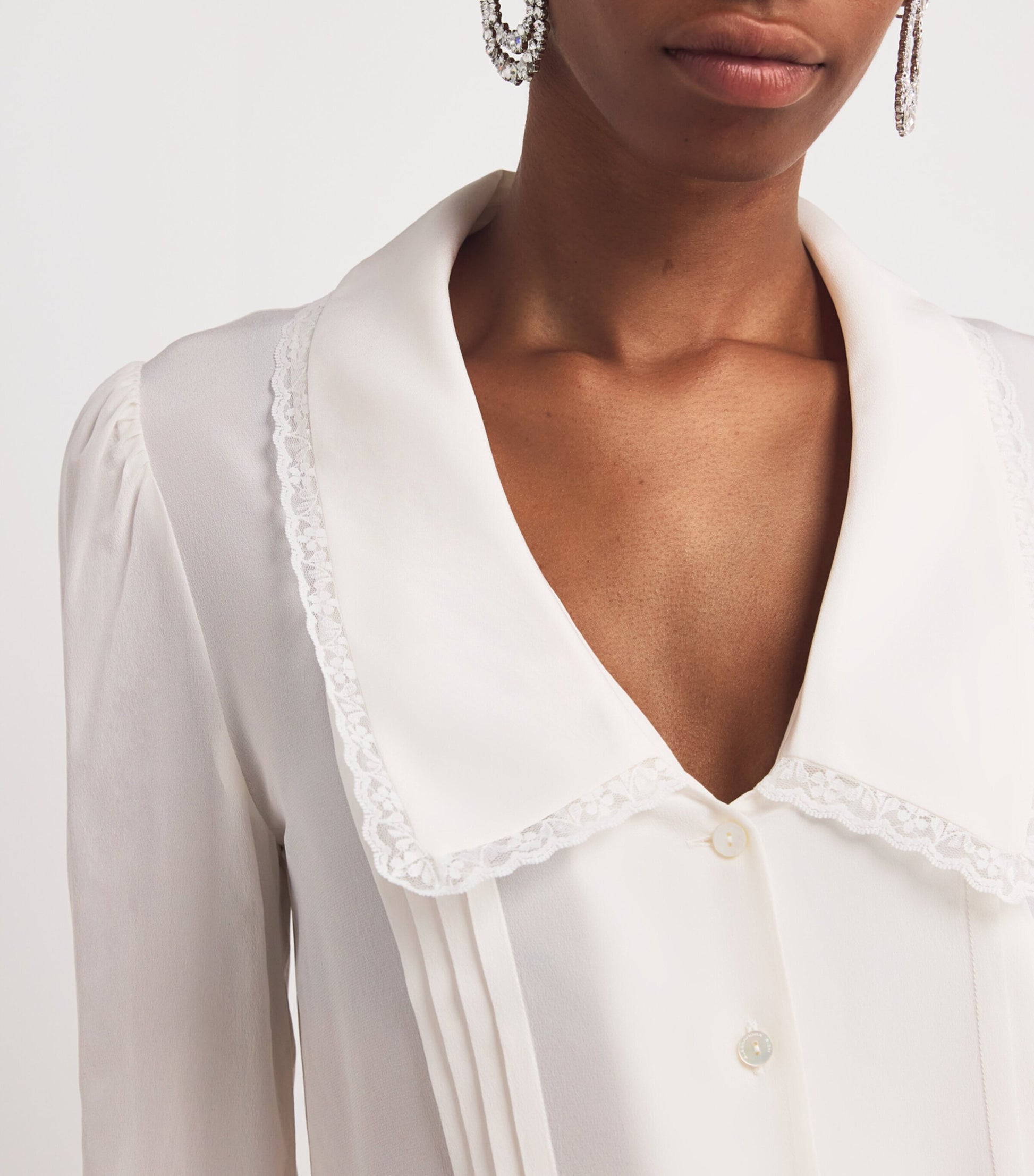 White Silk Lace-Trim Blouse