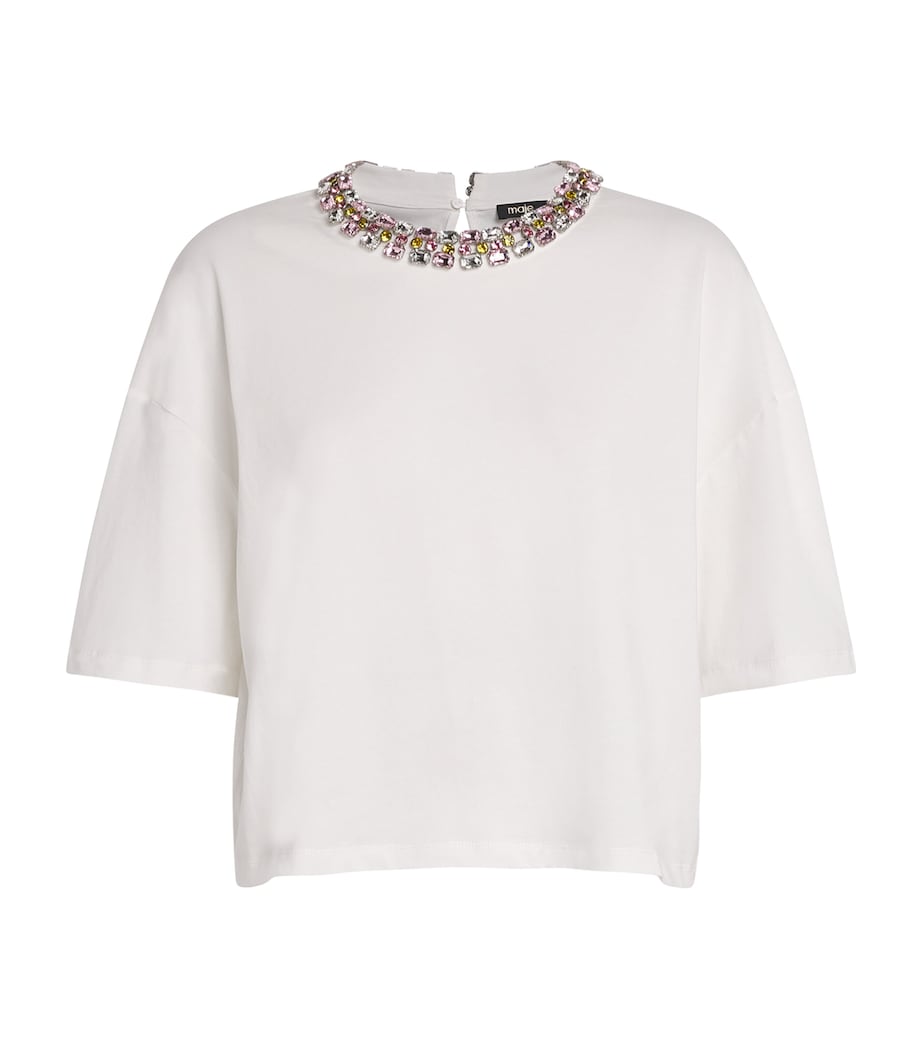 White Cotton Embellished-Neck T-Shirt