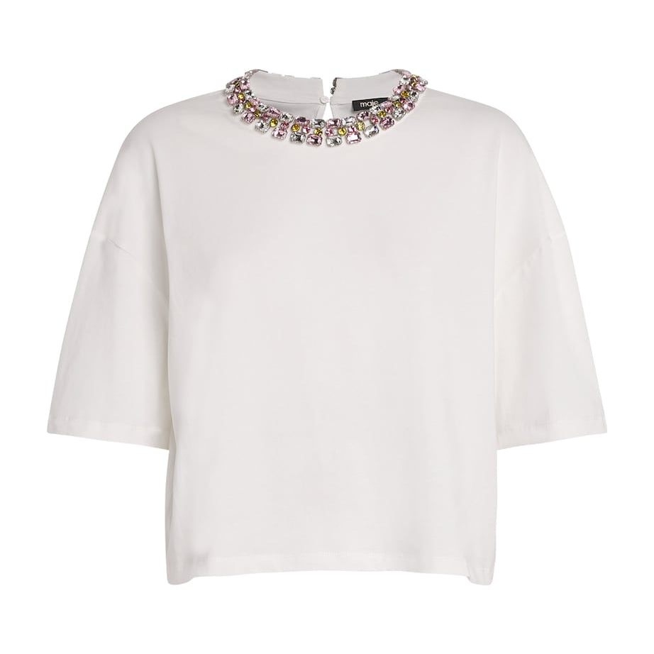 White Cotton Embellished-Neck T-Shirt