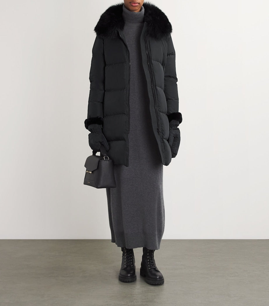 Yves Salomon Black Fur-Trim Down Coat with Mittens