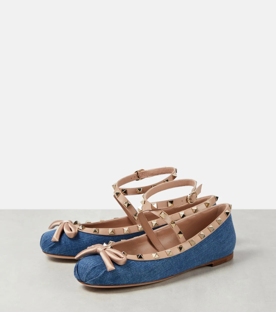Valentino Garavani - Rockstud leather-trimmed denim ballet flats