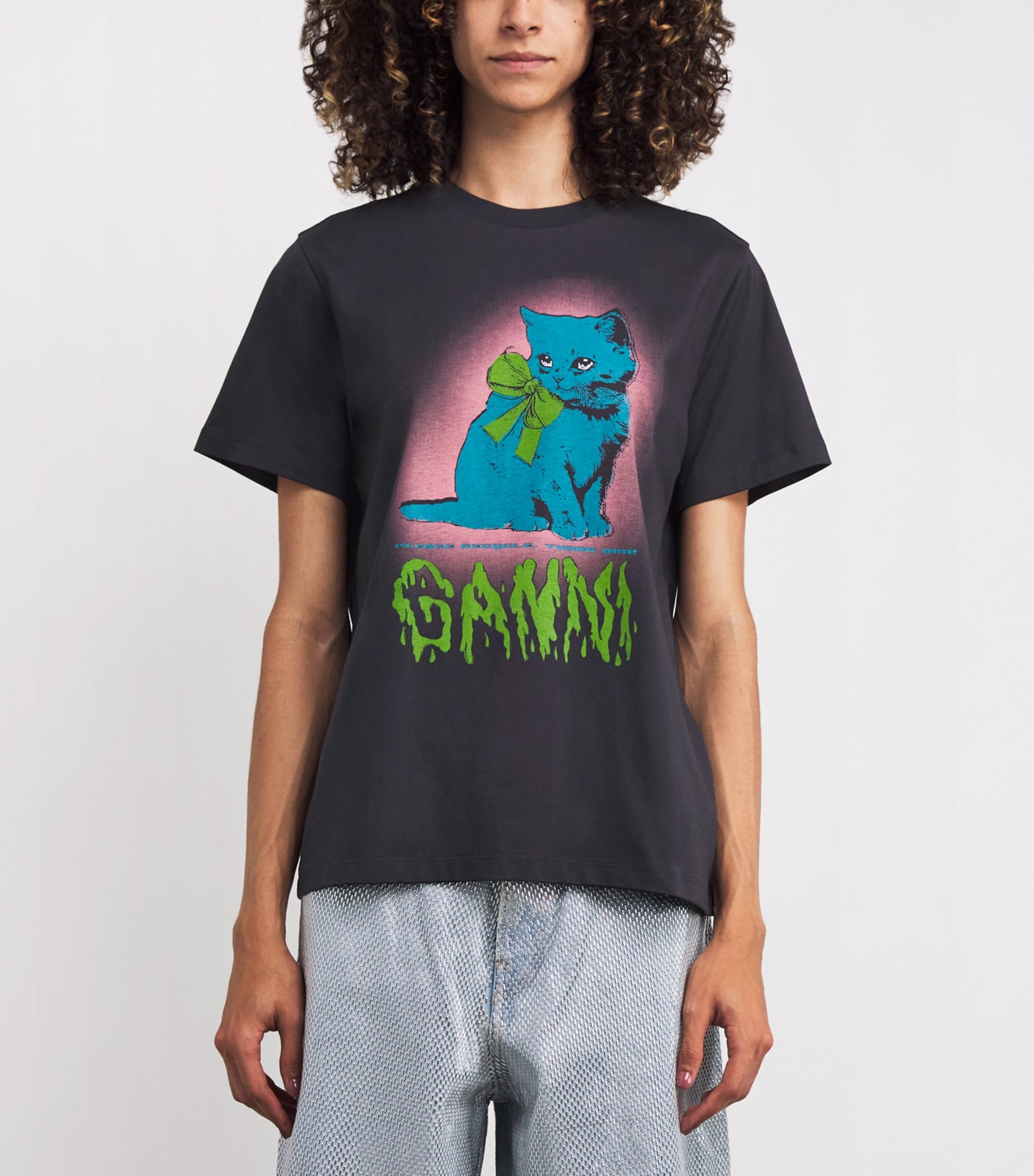 GANNI Black Organic Cotton Neon Kitty T-Shirt