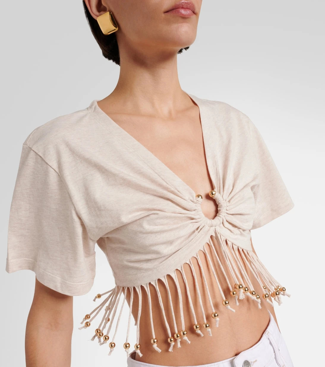 Rabanne - Fringed beaded cotton jersey crop top
