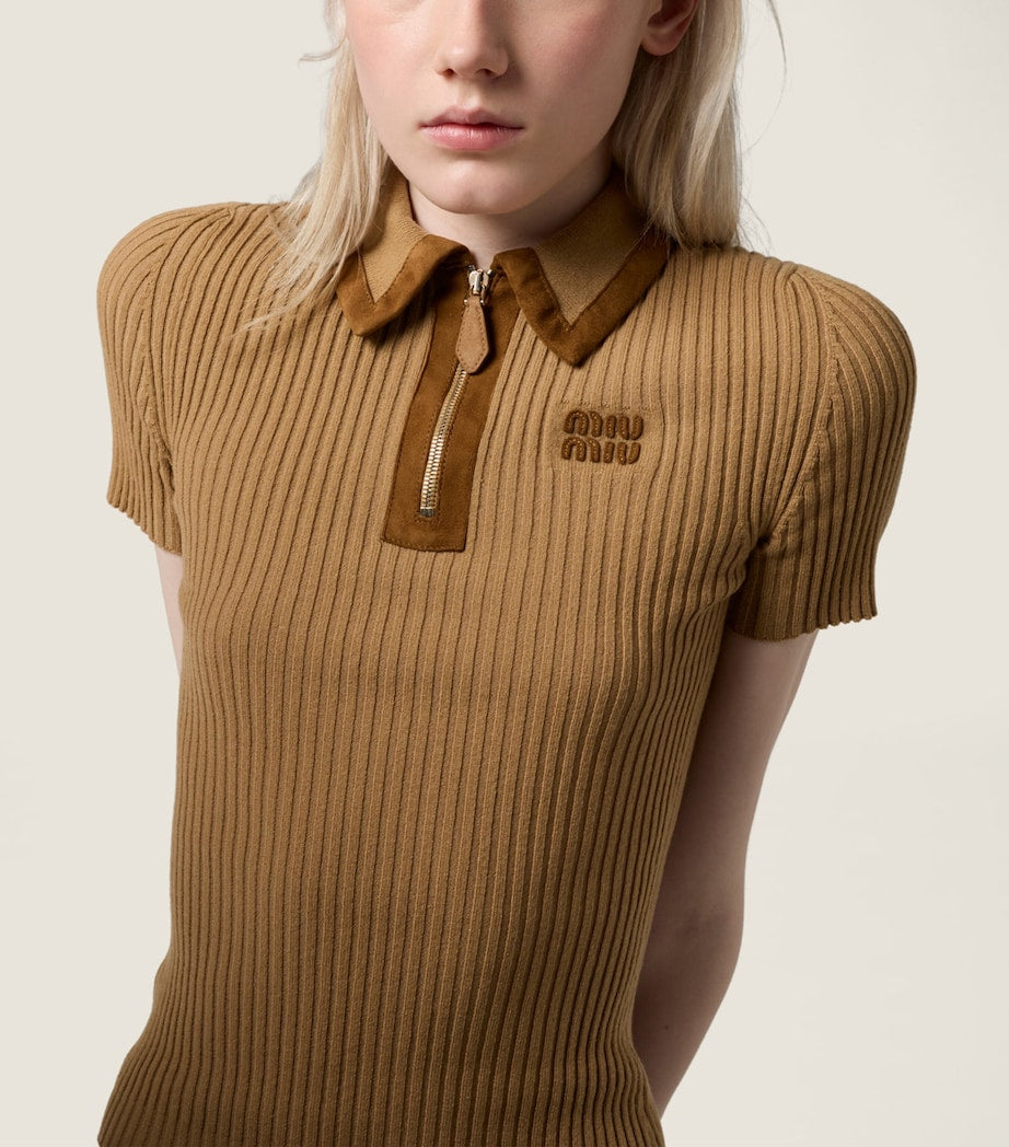 Neutral Cashmere-Blend Suede-Trim Ribbed Polo Shirt