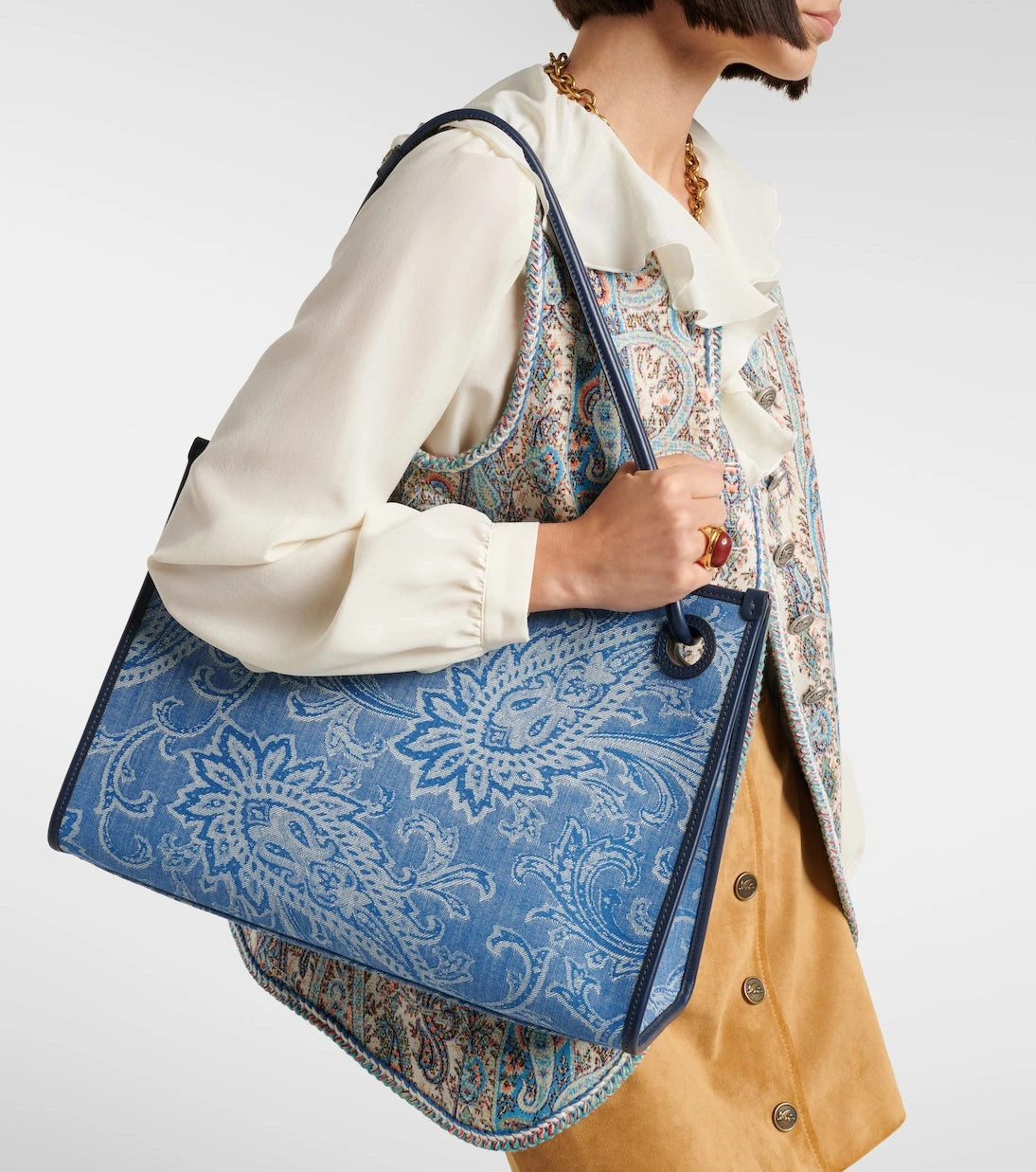 Etro - حقيبة توتس من الجاكار الدنيم متوسطة الحجم بنقشة Eyes