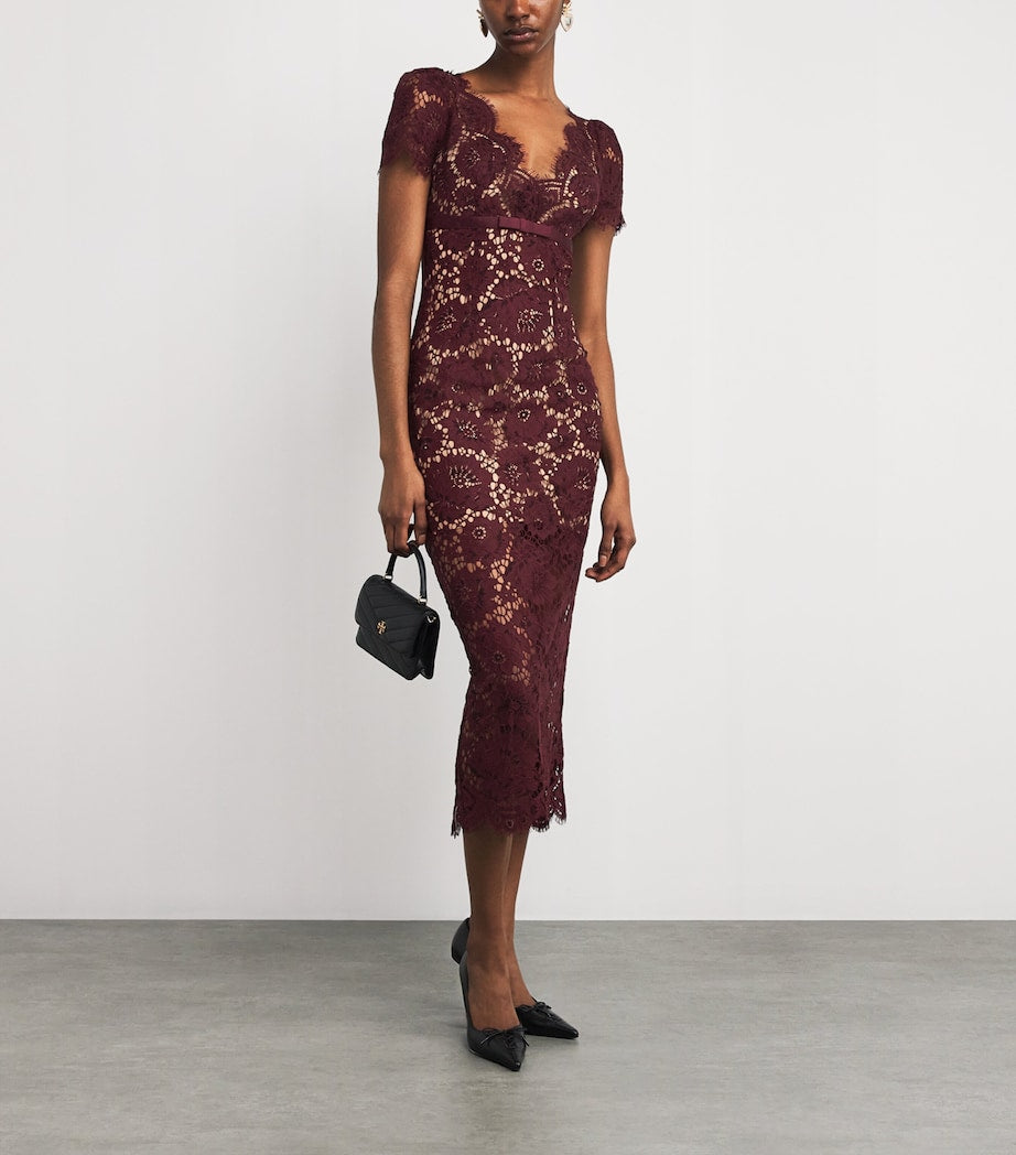 Self-Portrait Burgundy Guipure Lace V-Neck Midi Dress