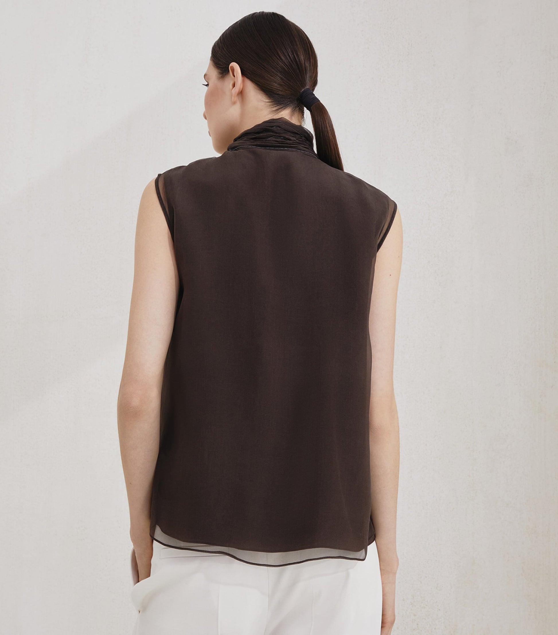 Brunello Cucinelli Brown Silk Pussybow Sleeveless Top