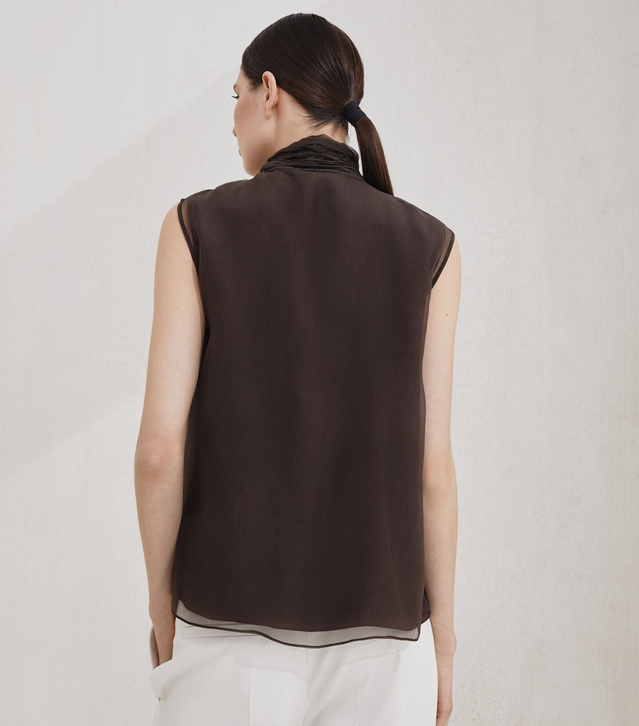 Brunello Cucinelli Brown Silk Pussybow Sleeveless Top