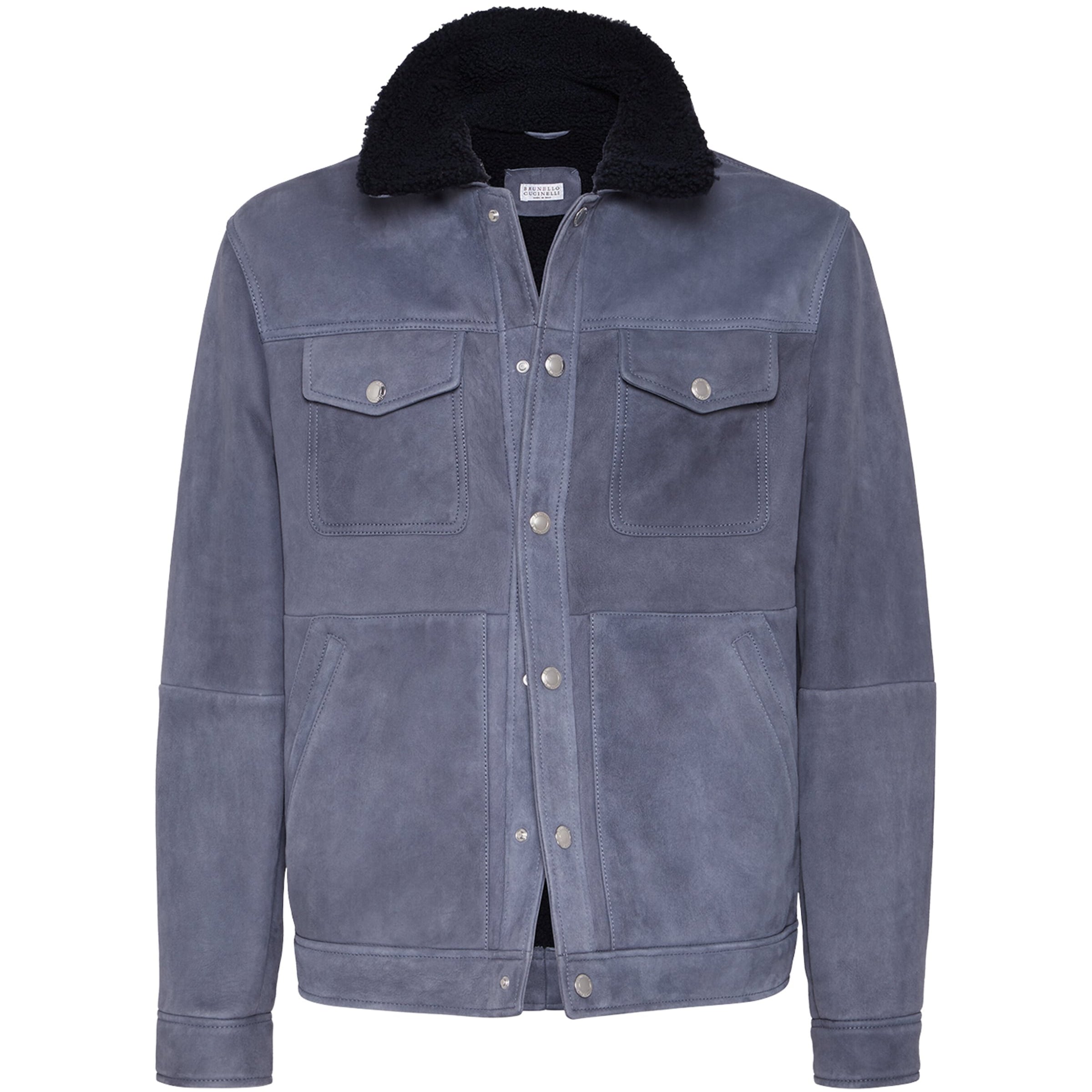 Brunello Cucinelli Blue Suede-Shearling Four-Pocket Jacket