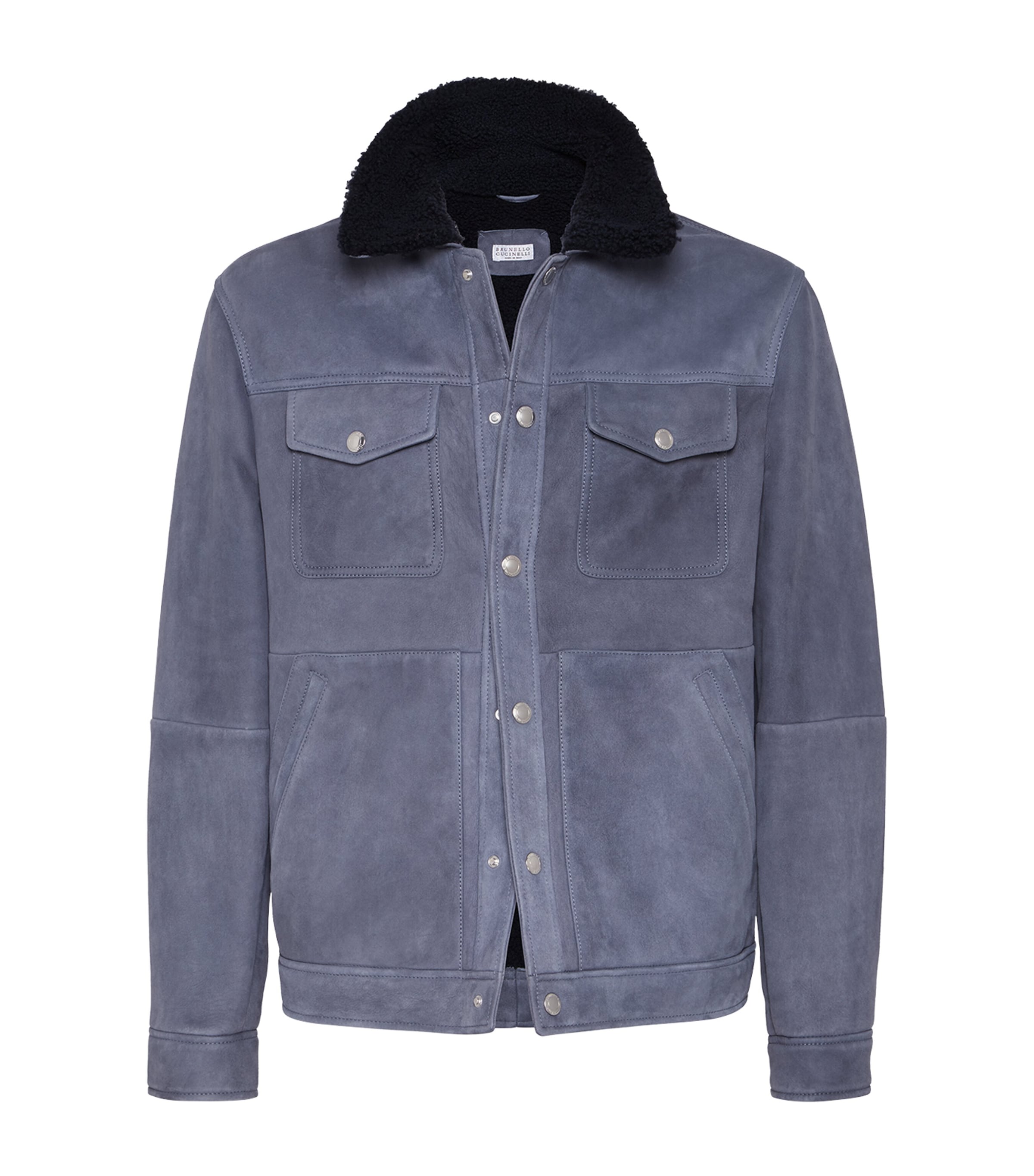 Brunello Cucinelli Blue Suede-Shearling Four-Pocket Jacket