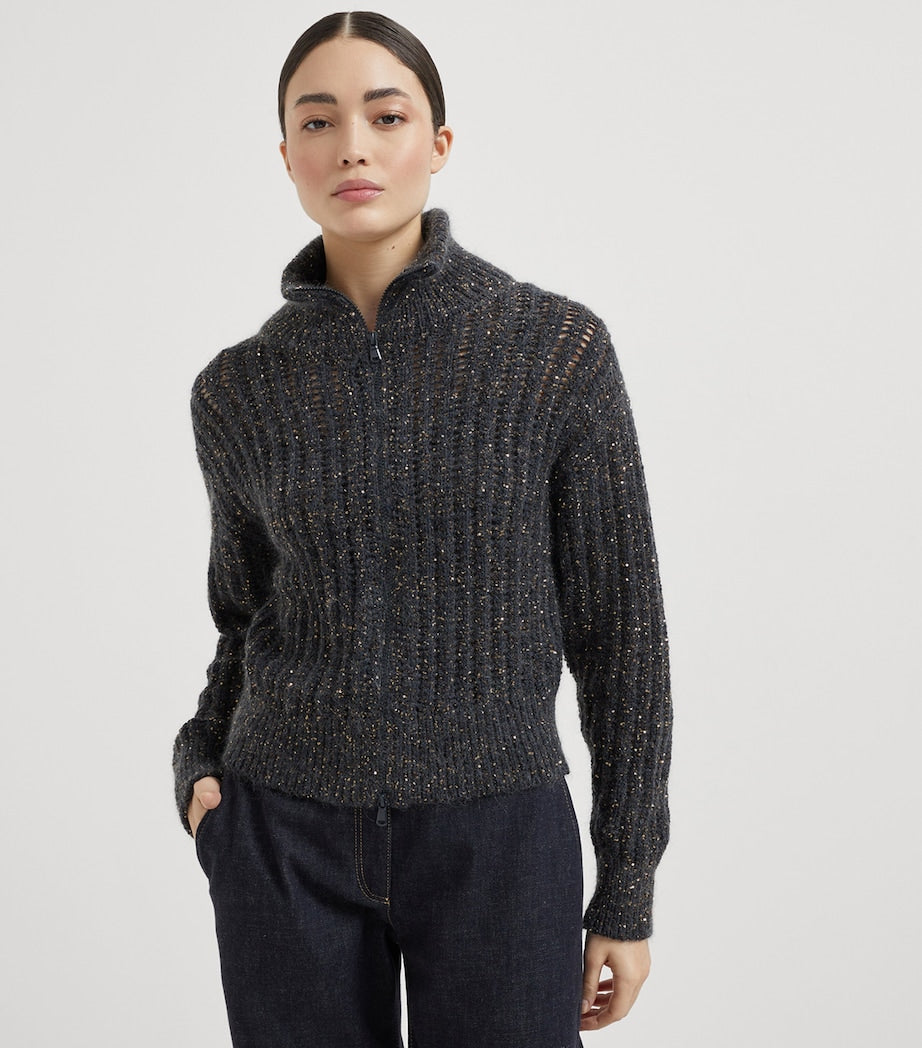 Sequin-Embellished High-Neck Cardigan