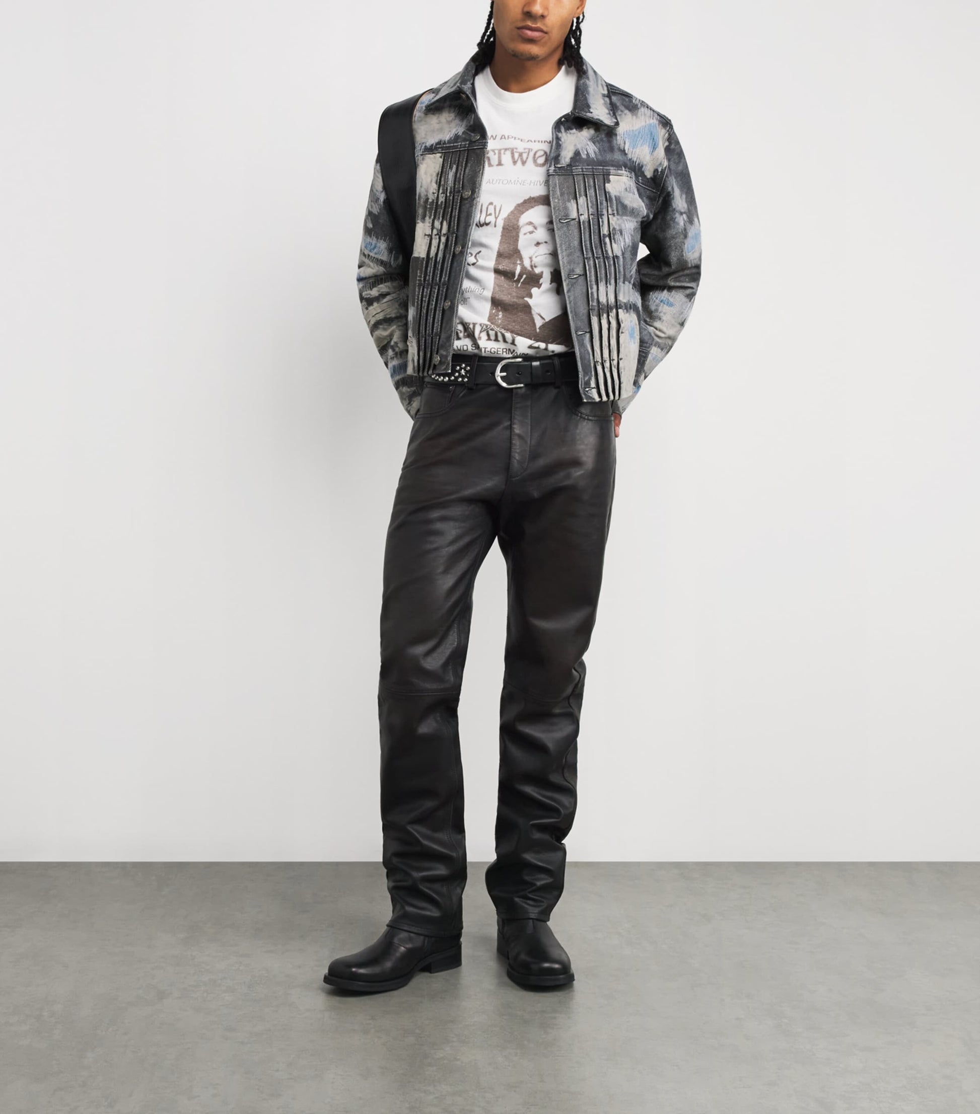 424 Blue Denim-Effect Trucker Leather Jacket