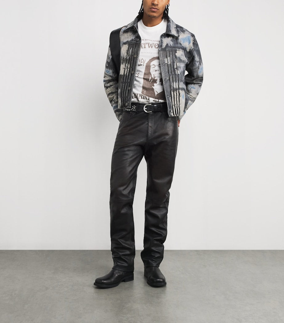 Blue Denim-Effect Trucker Leather Jacket