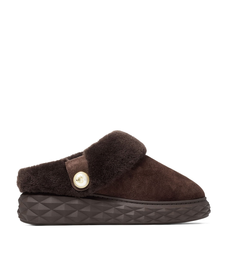 Brown Diamond Maxi Suede-Shearling Mules