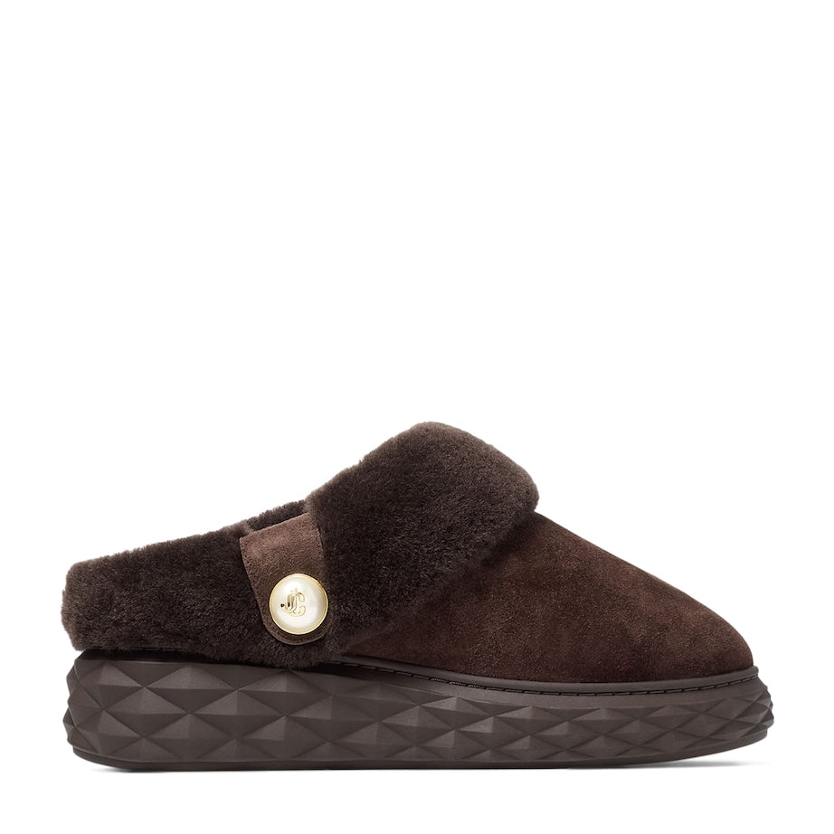Brown Diamond Maxi Suede-Shearling Mules