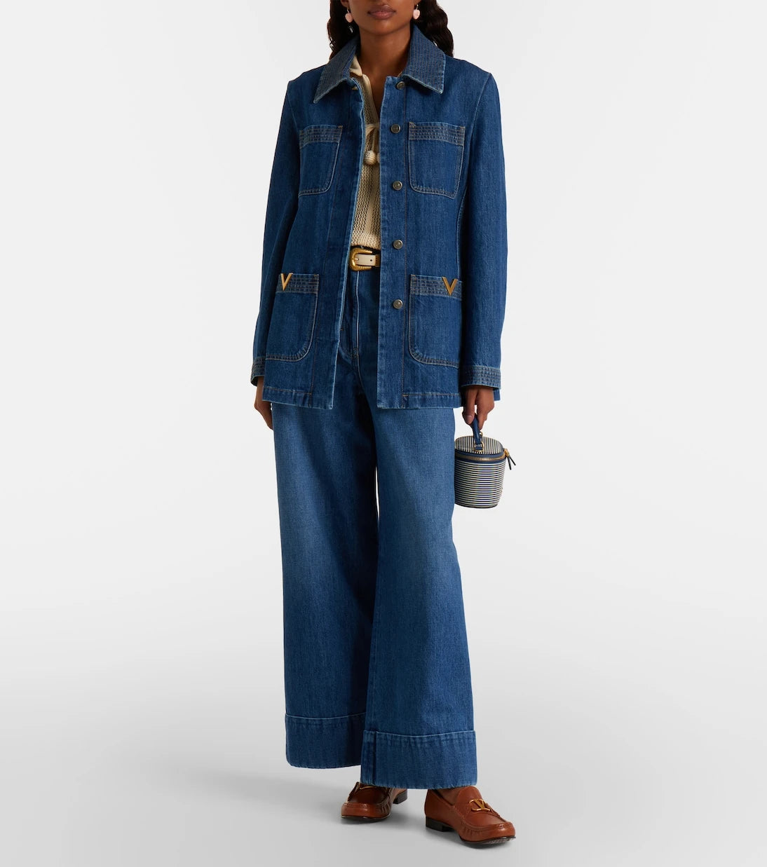 Valentino - Leather-trimmed wide-leg jeans