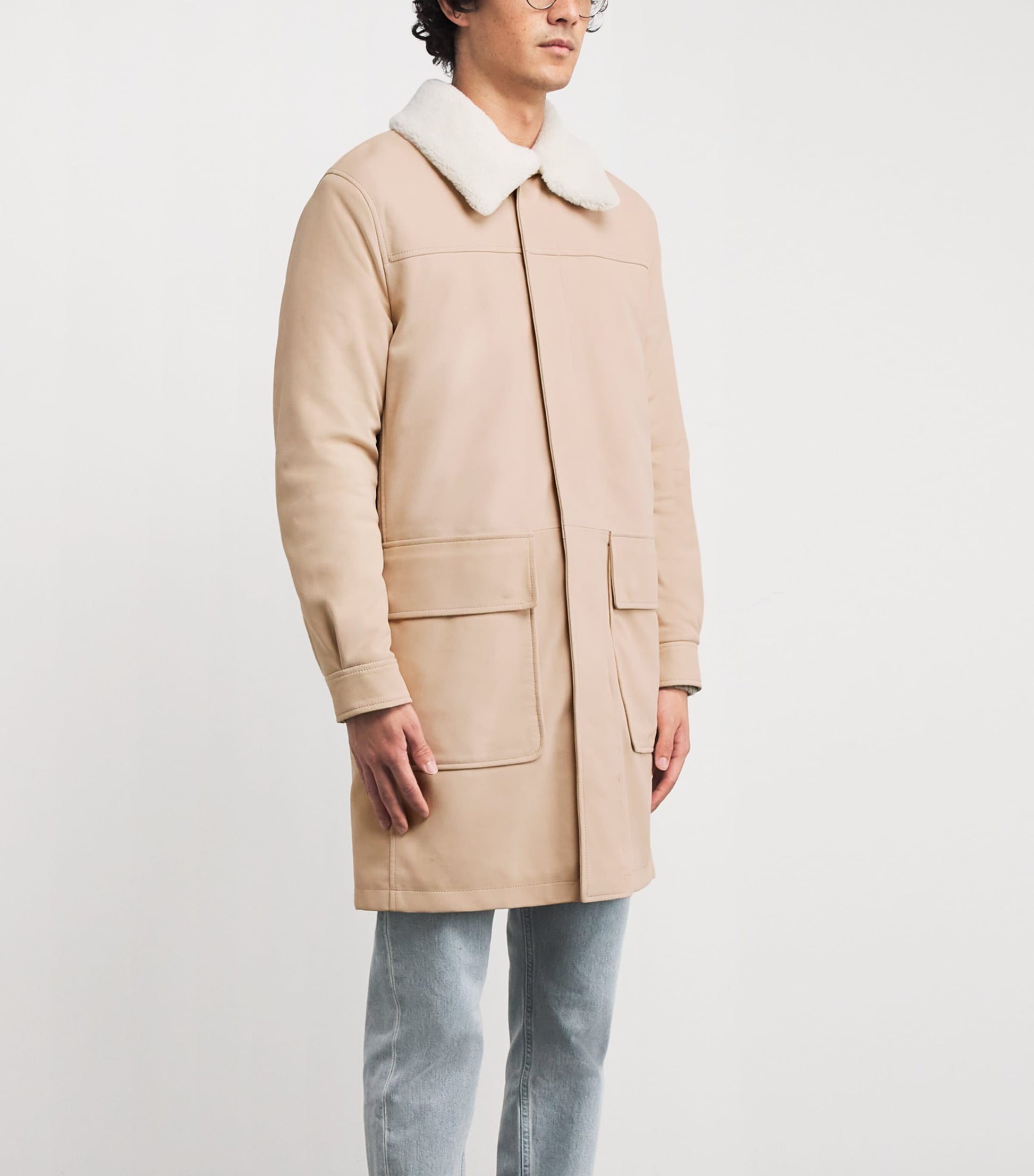 Eleventy Beige Nubuck Leather Shearling-Collar Parka