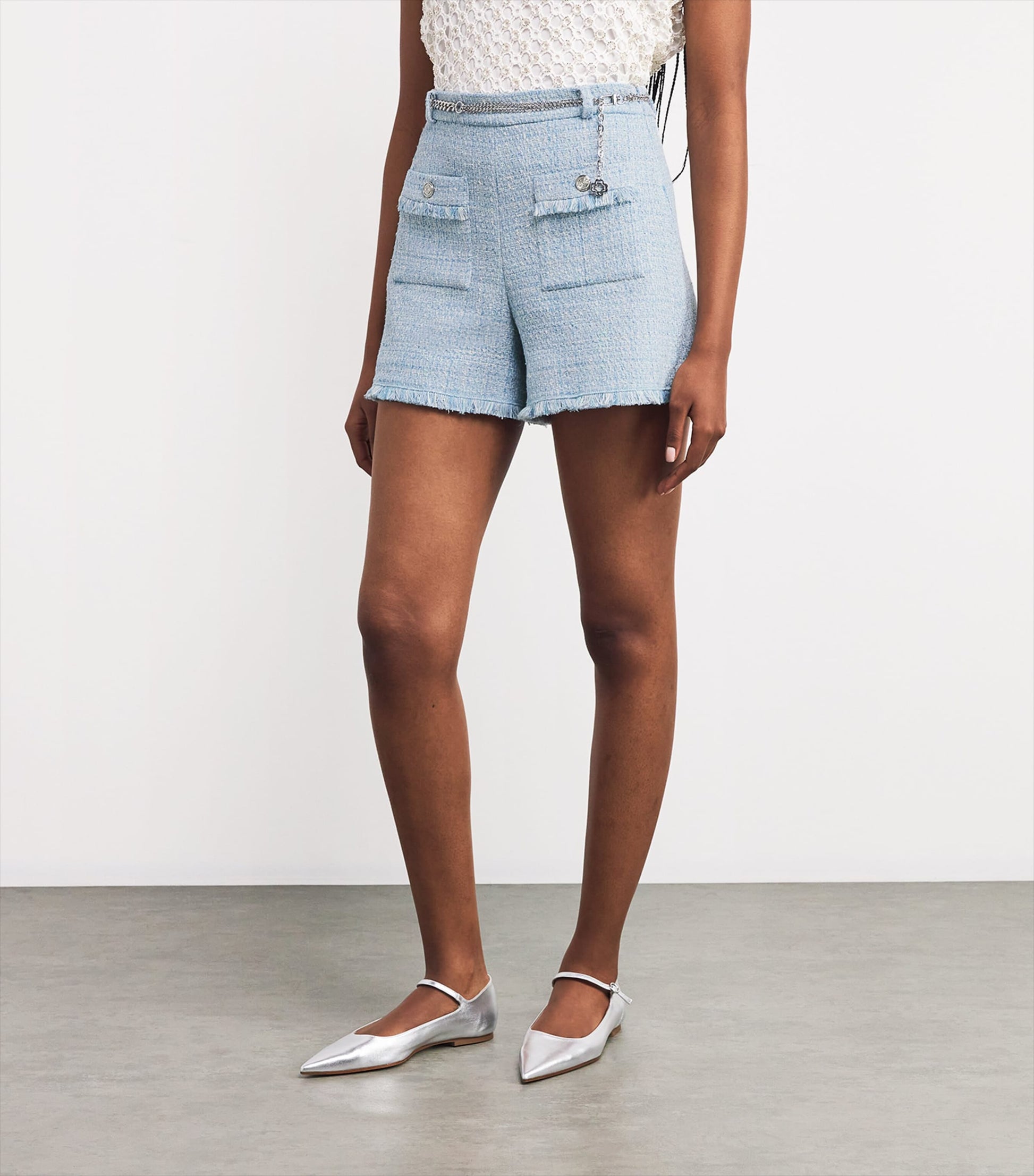 Blue Cotton-Blend Belted Tweed Shorts