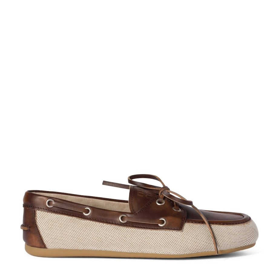Miu Miu Neutral Canvas and Bleached Leather Boat Shoes