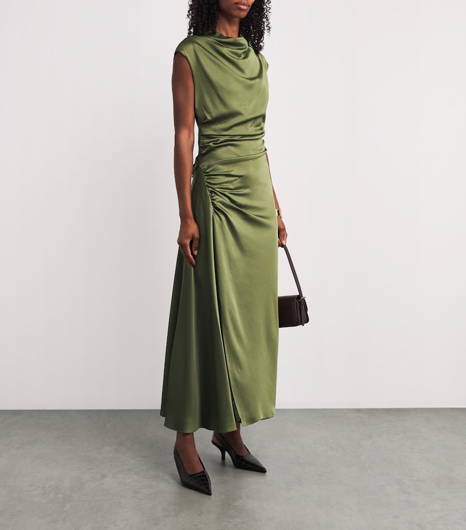 Green Satin Ruched Burke Midi Dress