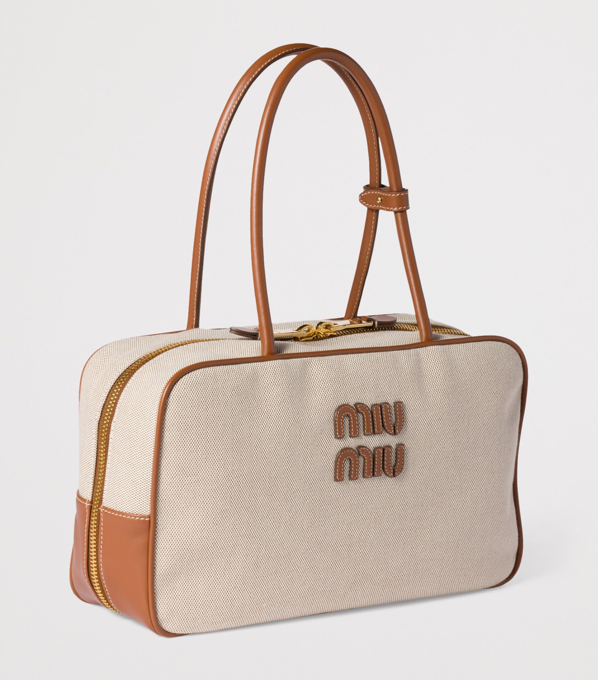 Neutral Leather-Canvas Beau Top-Handle Bag