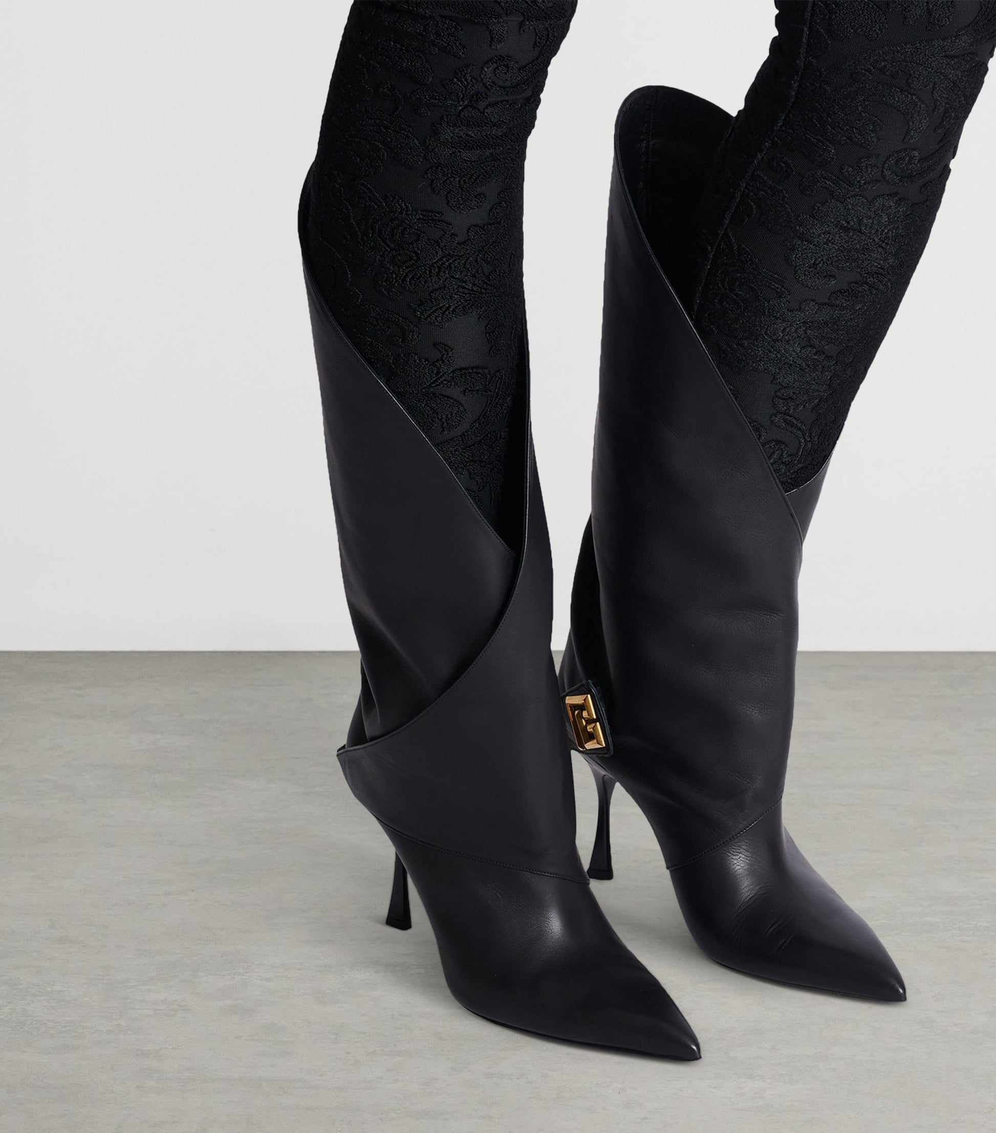 Black Leather Twist Heel Boots 95