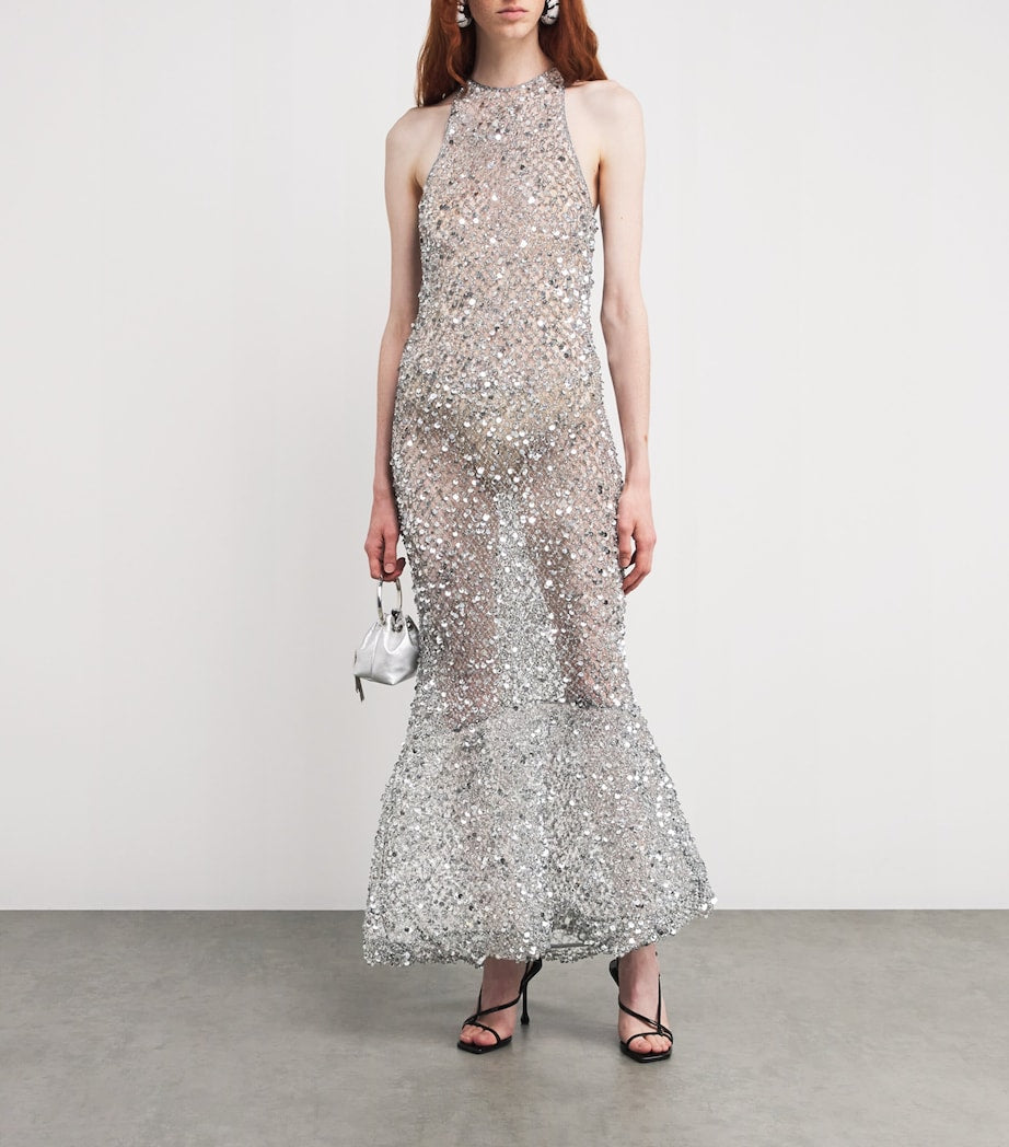 LAPOINTE Silver Sequinned Fishtail Midi Dress