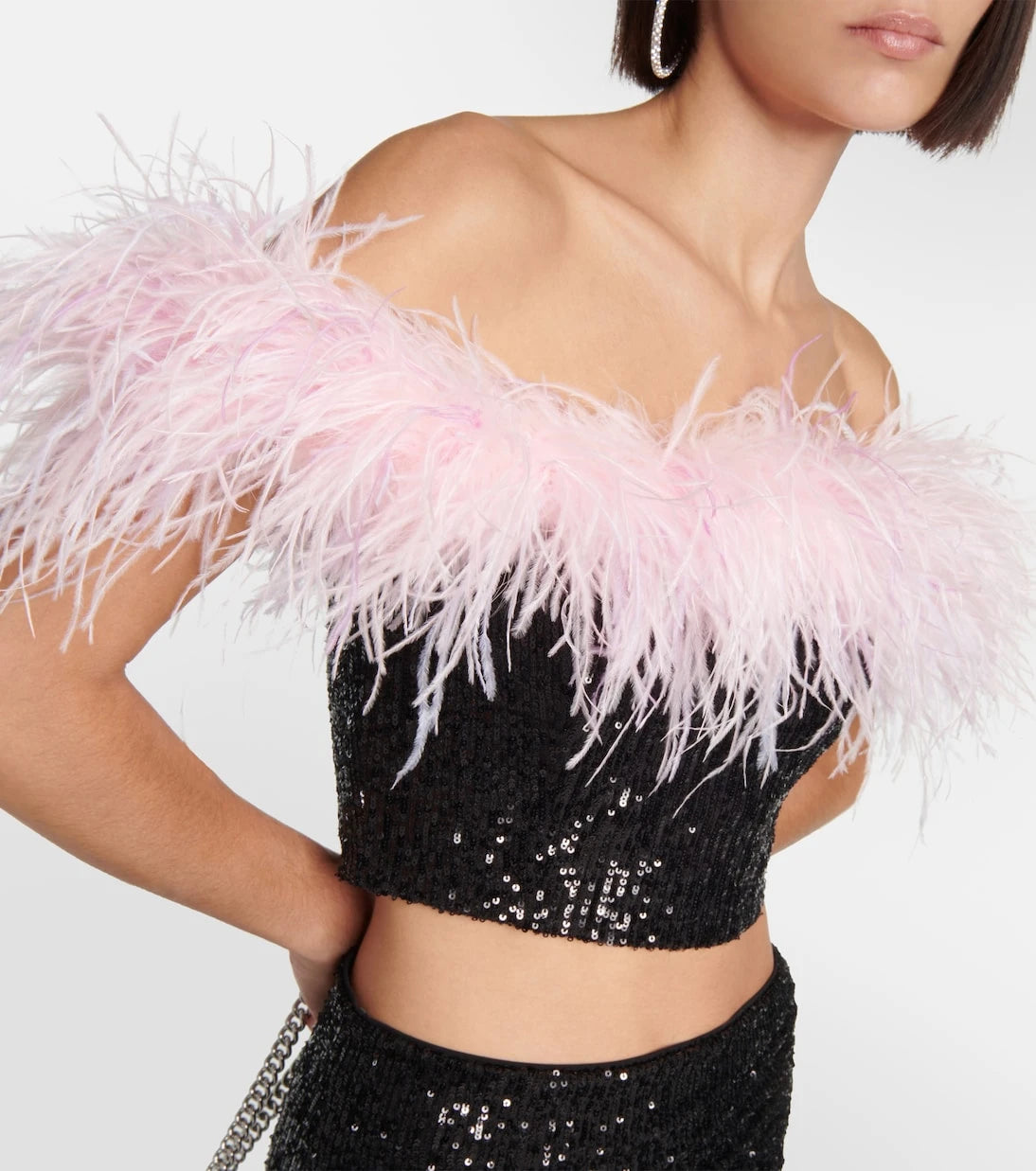 Self-Portrait - Feather-trimmed sequined crop top