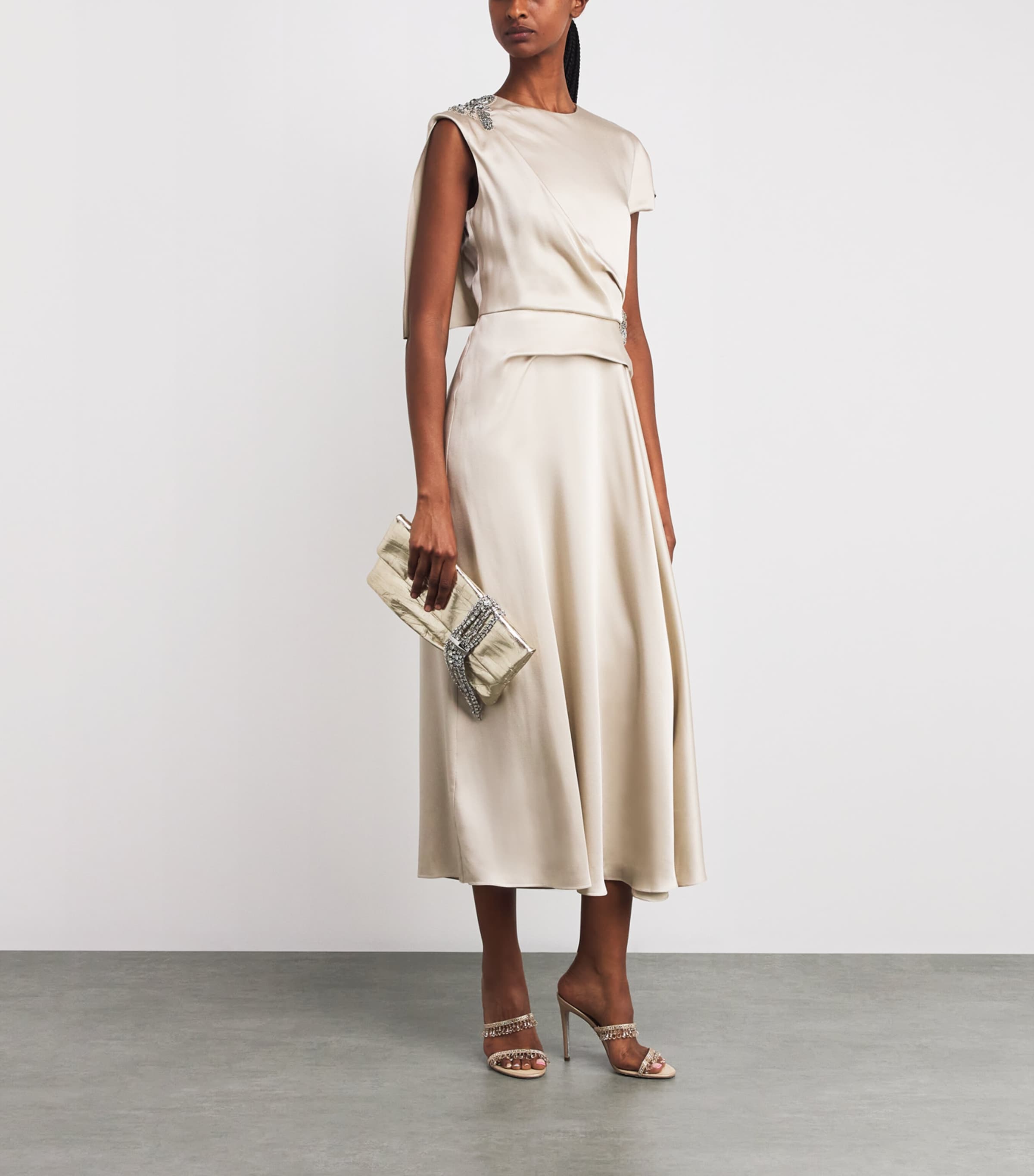 Erdem Gold Satin Cady Embellished Draped Midi Dress