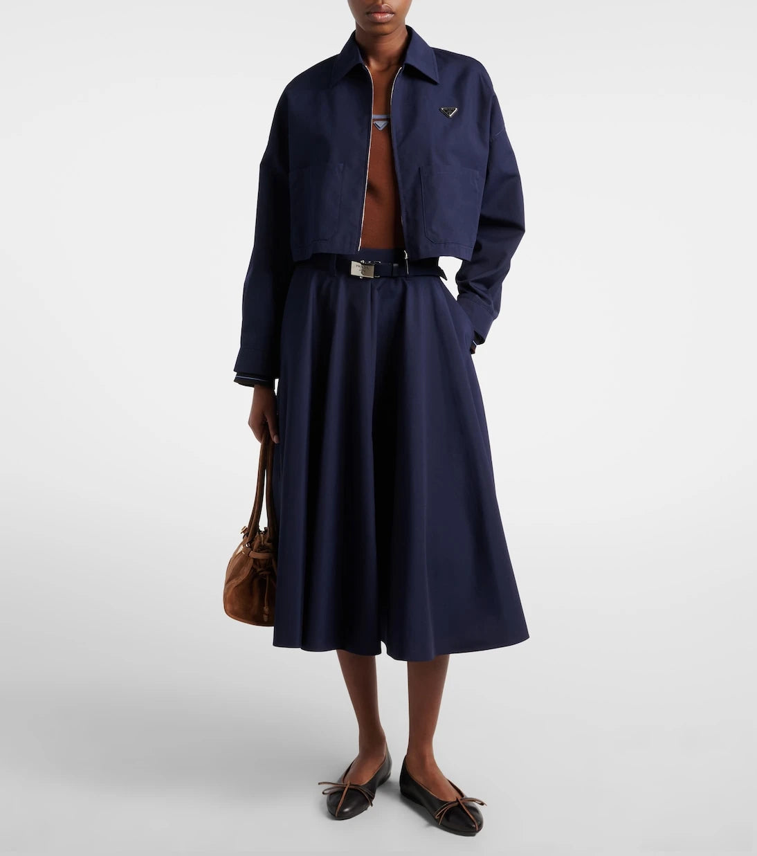 Prada - Belted poplin midi skirt