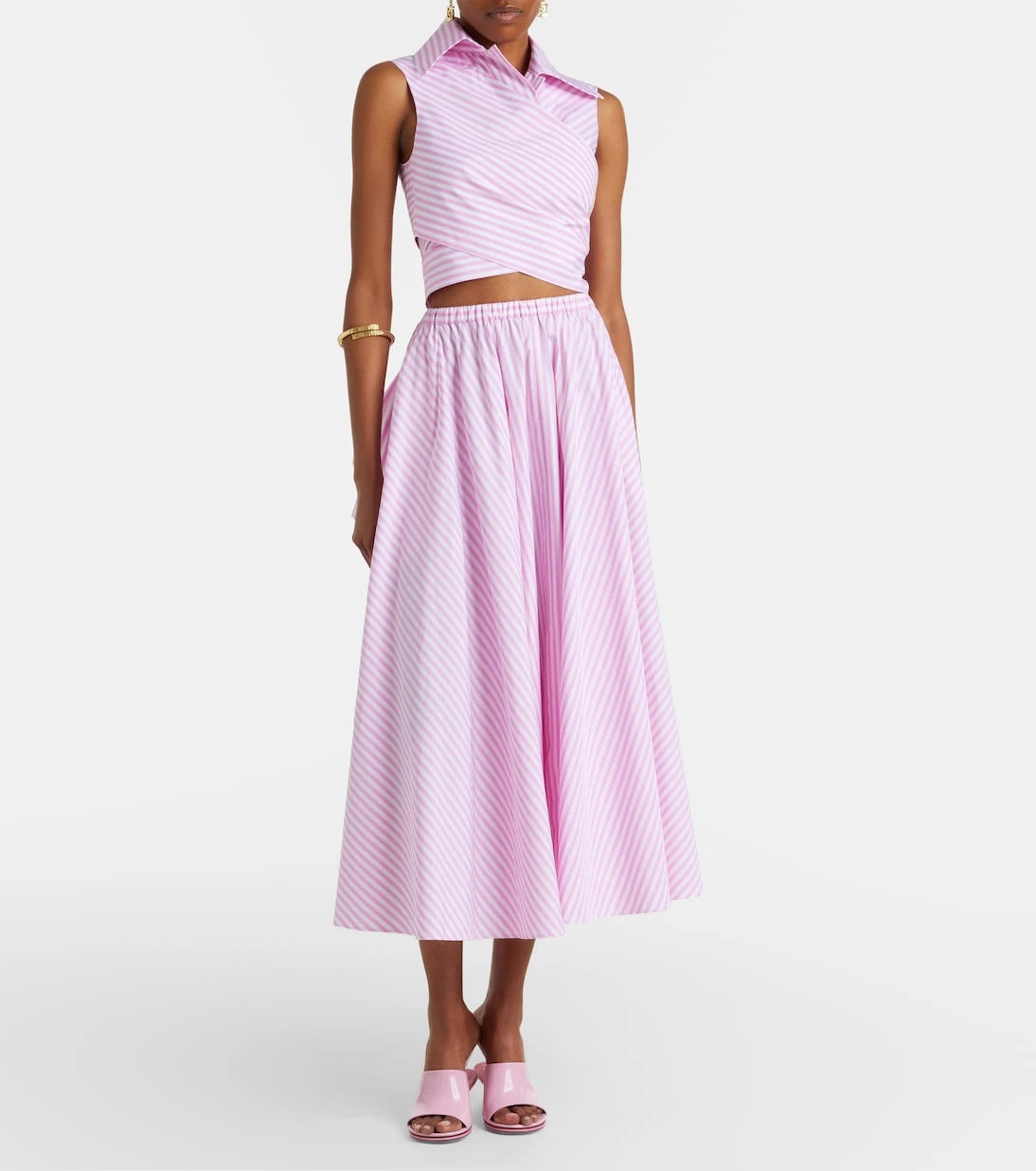 Patou - Pleated striped cotton poplin midi skirt
