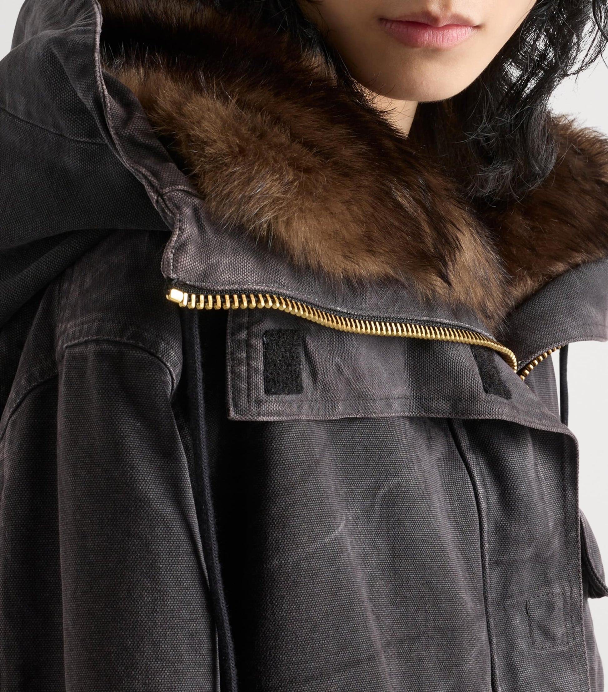 Prada Black Canvas Shearling-Hood Coat