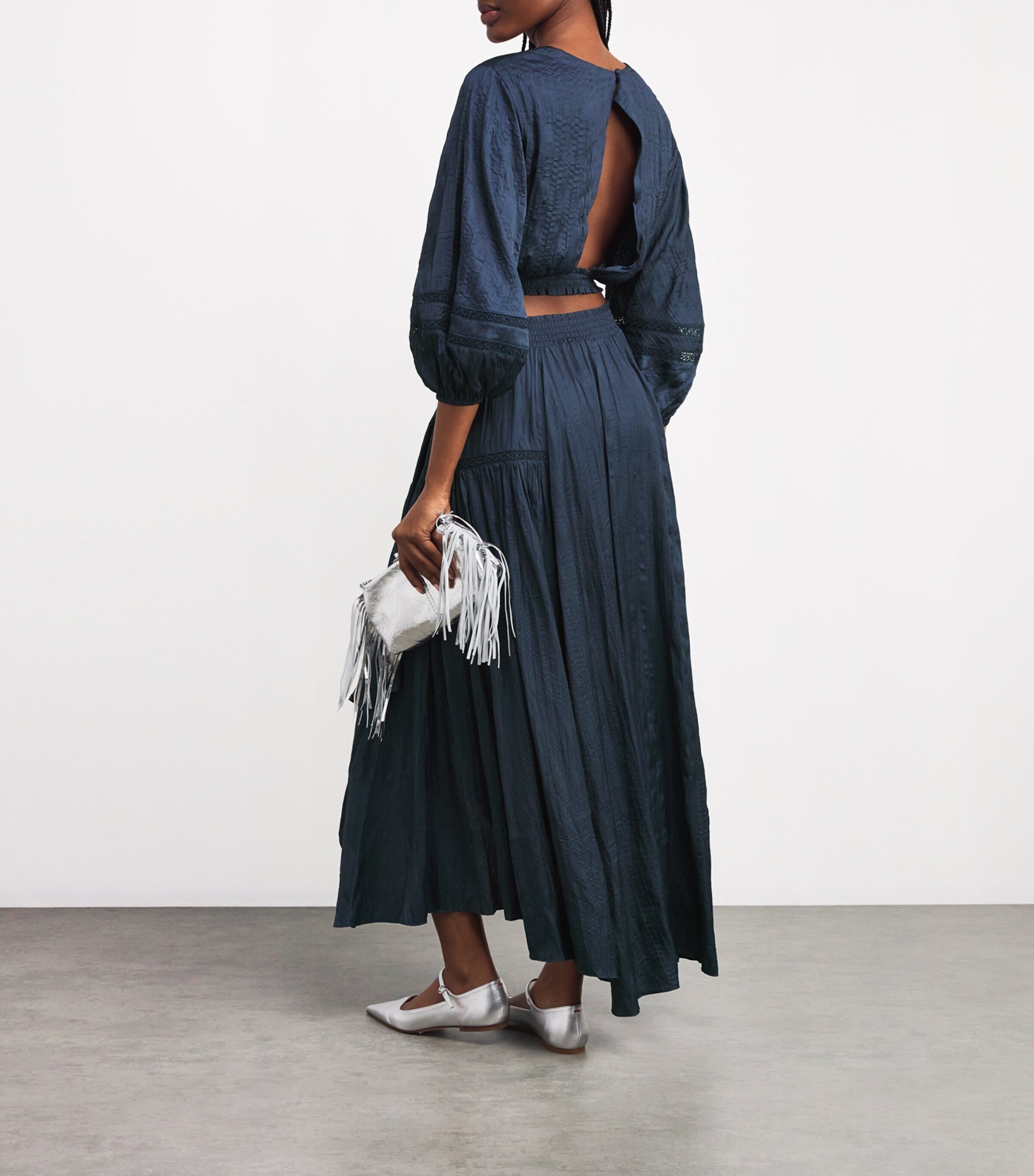 Blue Cropped Lace-Detail Blouse