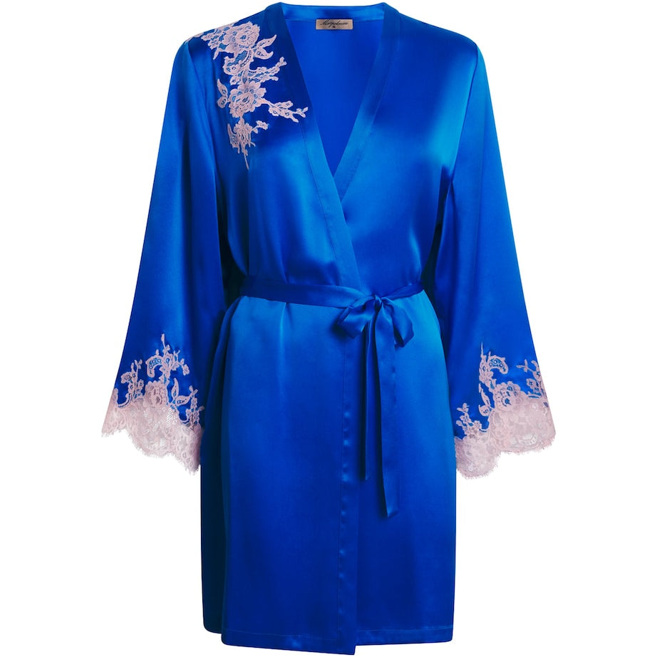 Blue Silk Lace-Trim Bénédicte Short Robe