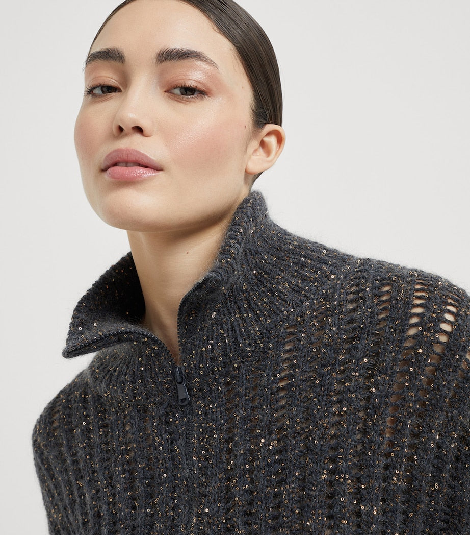 Sequin-Embellished High-Neck Cardigan