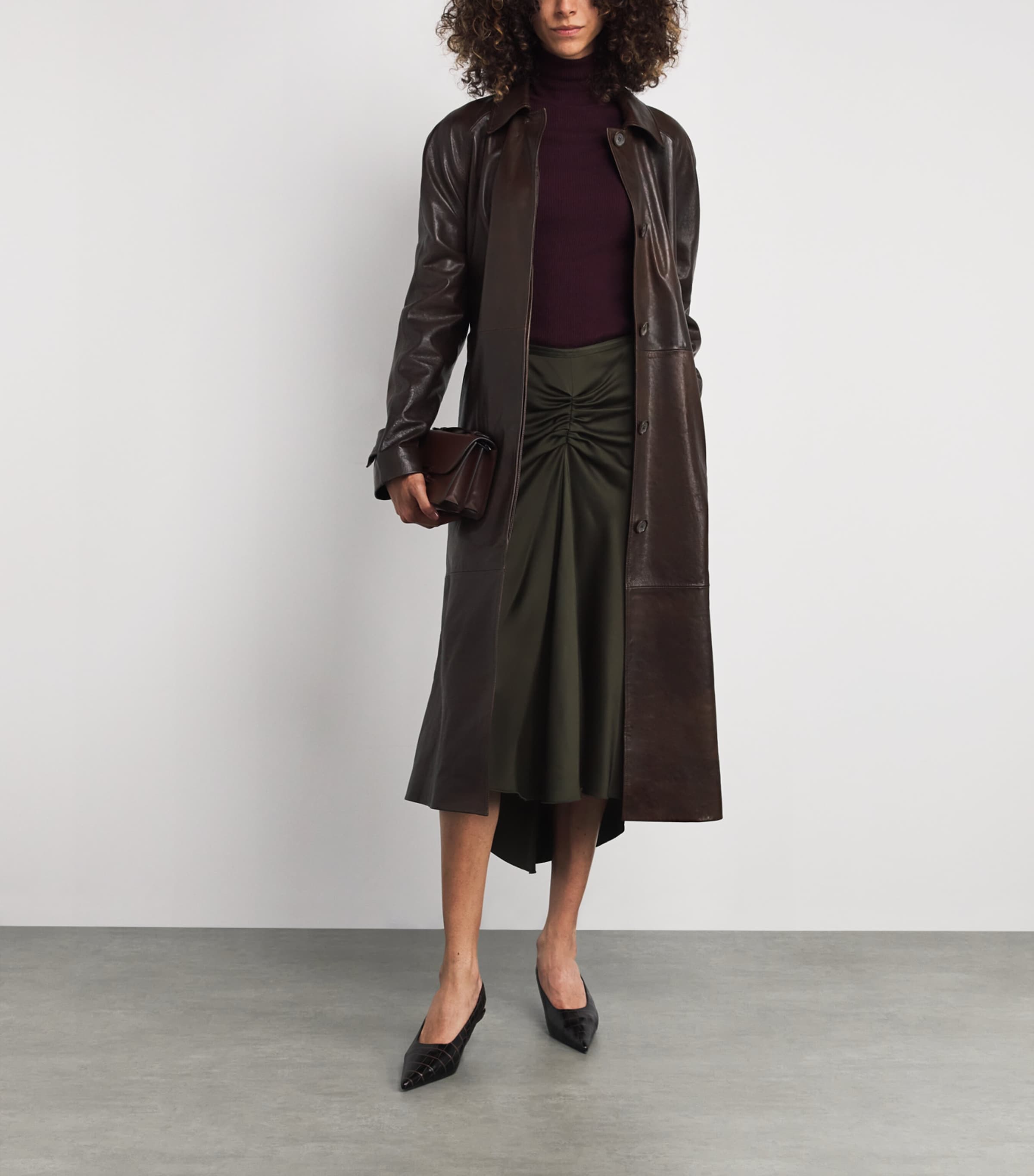 Satin Gathered Waist Midi Skirt