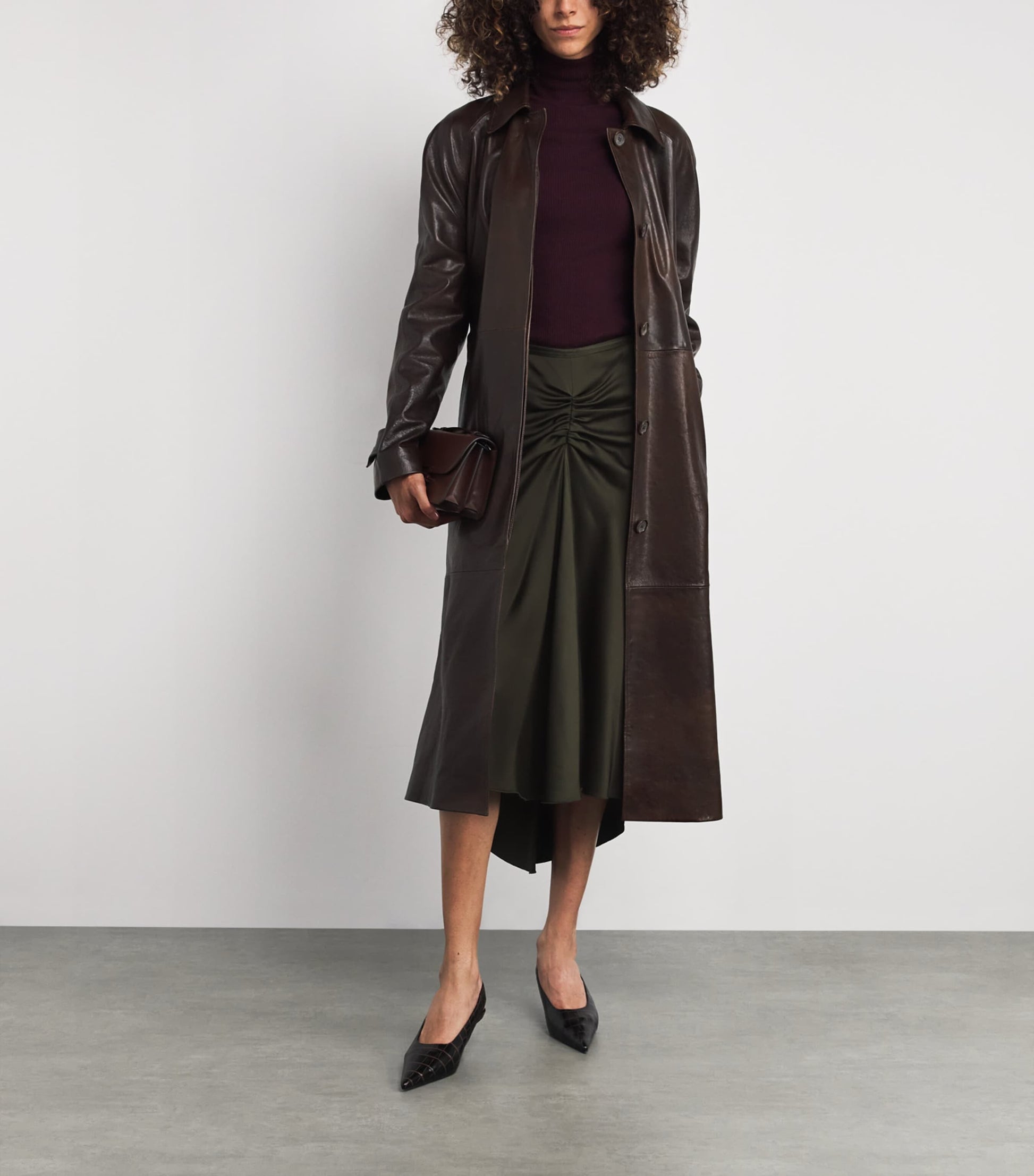 Satin Gathered Waist Midi Skirt