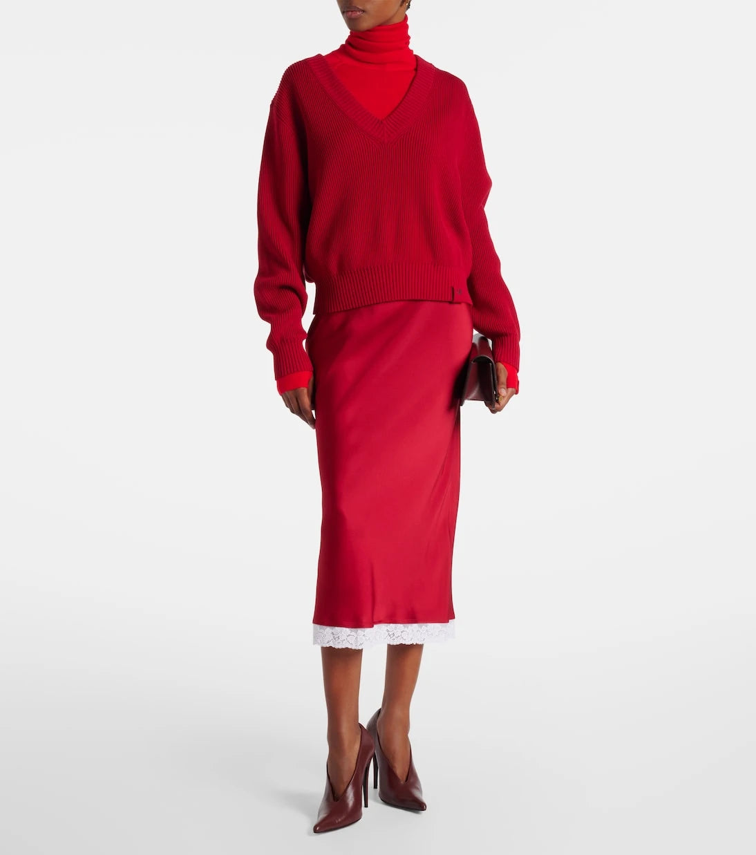Victoria Beckham - Lace-trimmed satin midi skirt