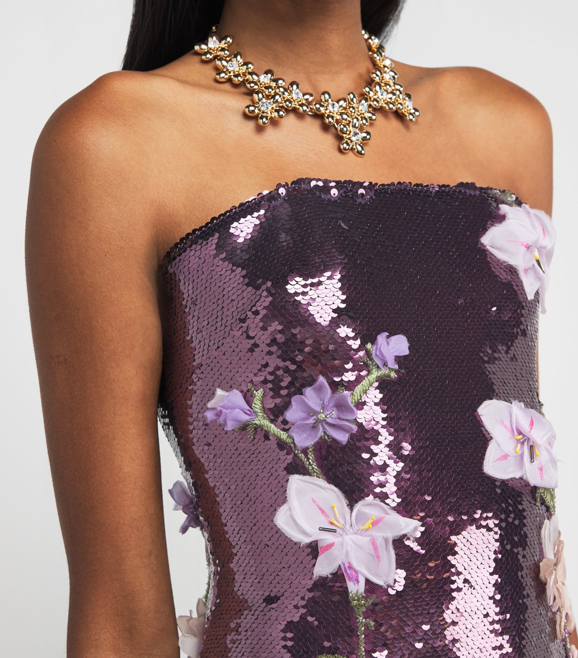 Black Sequin Floral Column Gown